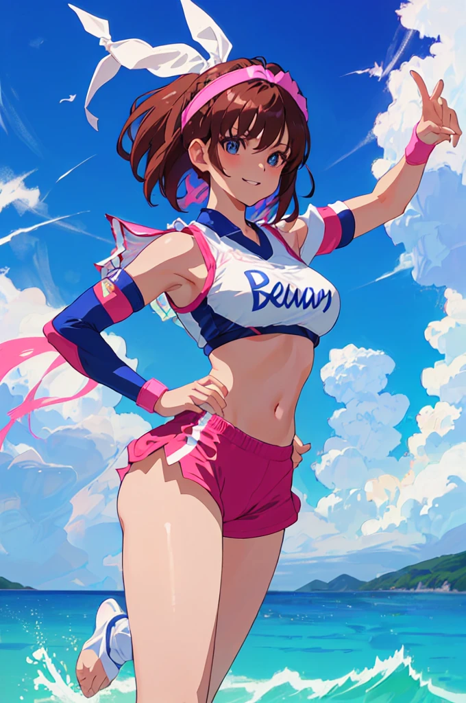 imagined a girl in extreme sport outfit playing to a flying disc game in a beach arena game sport, masterpiece, ultra-detailed, 80's anime (style), 2D, megapixel, perfectionism, full HD , 4K, (windjammers), windjammers sport game, windjammers 2 (((((solo mature anime woman,)))))++++++++++++++++++, looking at viewer, full body, brown hair and pink hair, short hair, weird hair, smile, lips, eyelashes, medium breasts, gym uniform, uniform, gym shorts, headband, sports bra, elbow pad, knee pad, extreme sports outfit 80's theme, beach background, playing flying disc game on a beach court game, sea, sun in the sky, sports wear
