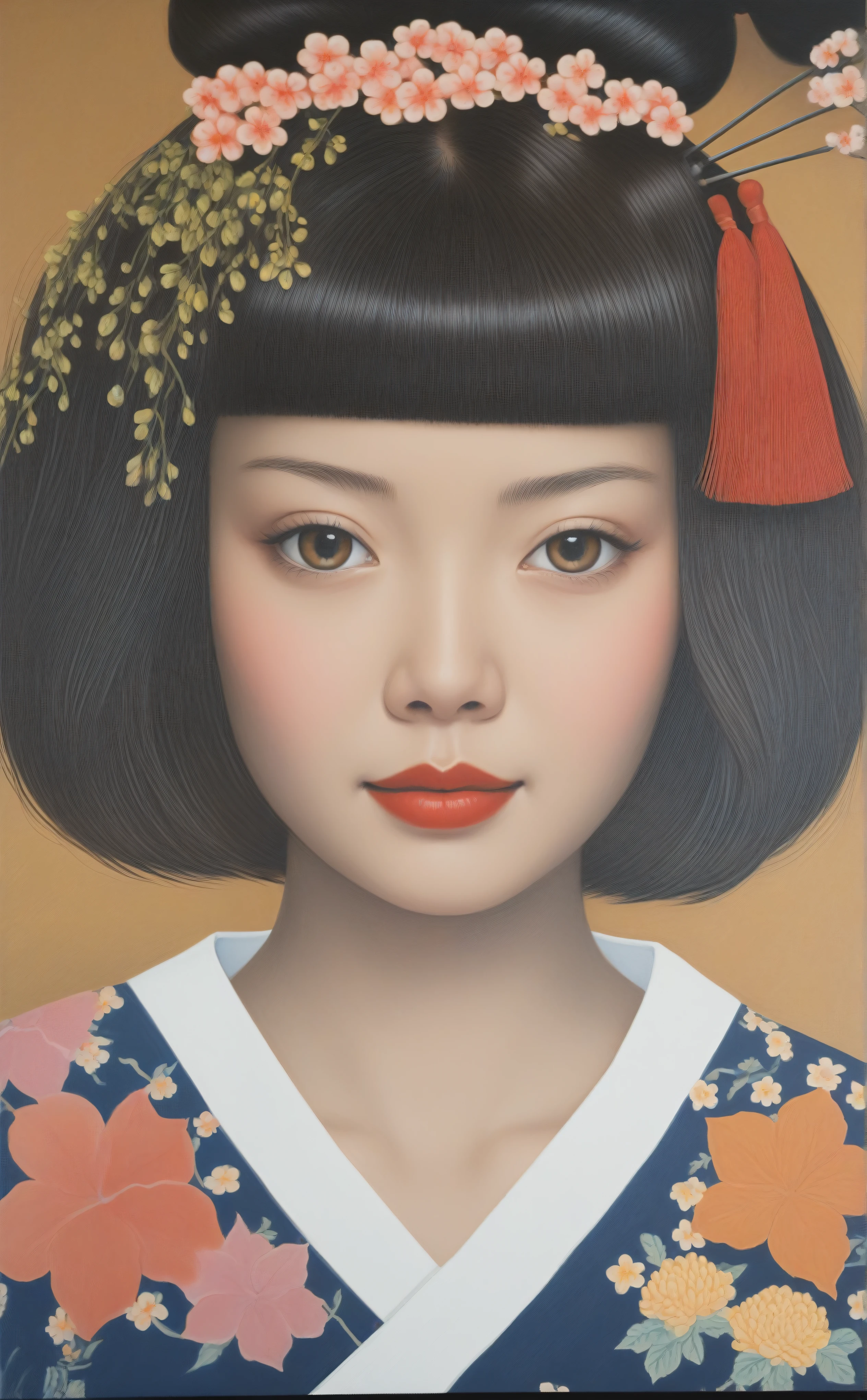 Retrato de uma mulher sorrindo, com um capacete florido e uma borla vermelha, Retrato de uma garota japonesa sorindo, inspirado em Ito Shinsui, inspirado em Riusuke Fukahori, inspirado em Nara Yoshitomo, retrato de gueixa sorrindo, inspirado em Margaret Keane, Retrato de uma gueixa sorrindo, portrait of a smiling Japanese teenager, ultrarealista, 4k, fotorrealismo
