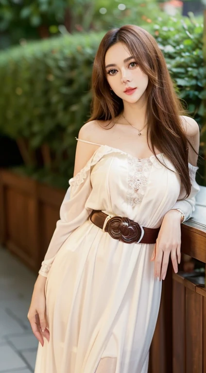 "Generate a high-quality image featuring a brunette woman with a darker hair tone, adorned in an elegant white dress cinched with a belt that accentuates her slender waist. The impeccable application of her makeup should highlight her features, contributing to an overall glamorous and sensual appearance. Carefully arrange the lighting to play with shadows and highlights, adding depth and sophistication to the composition. The woman, posing in a way that exudes feminine allure, should be the focal point, with the background artistically blurred using techniques like soft bokeh. Employ a skillful use of camera effects and a refined color palette to create an aesthetically pleasing and sensually captivating image."