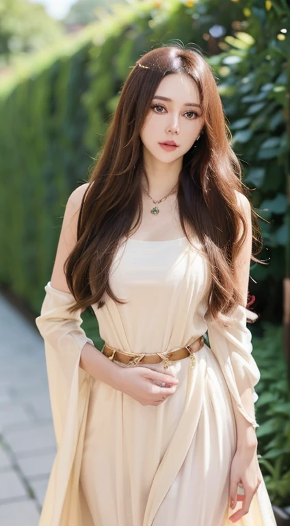 "Generate a high-quality image featuring a brunette woman with a darker hair tone, adorned in an elegant white dress cinched with a belt that accentuates her slender waist. The impeccable application of her makeup should highlight her features, contributing to an overall glamorous and sensual appearance. Carefully arrange the lighting to play with shadows and highlights, adding depth and sophistication to the composition. The woman, posing in a way that exudes feminine allure, should be the focal point, with the background artistically blurred using techniques like soft bokeh. Employ a skillful use of camera effects and a refined color palette to create an aesthetically pleasing and sensually captivating image."