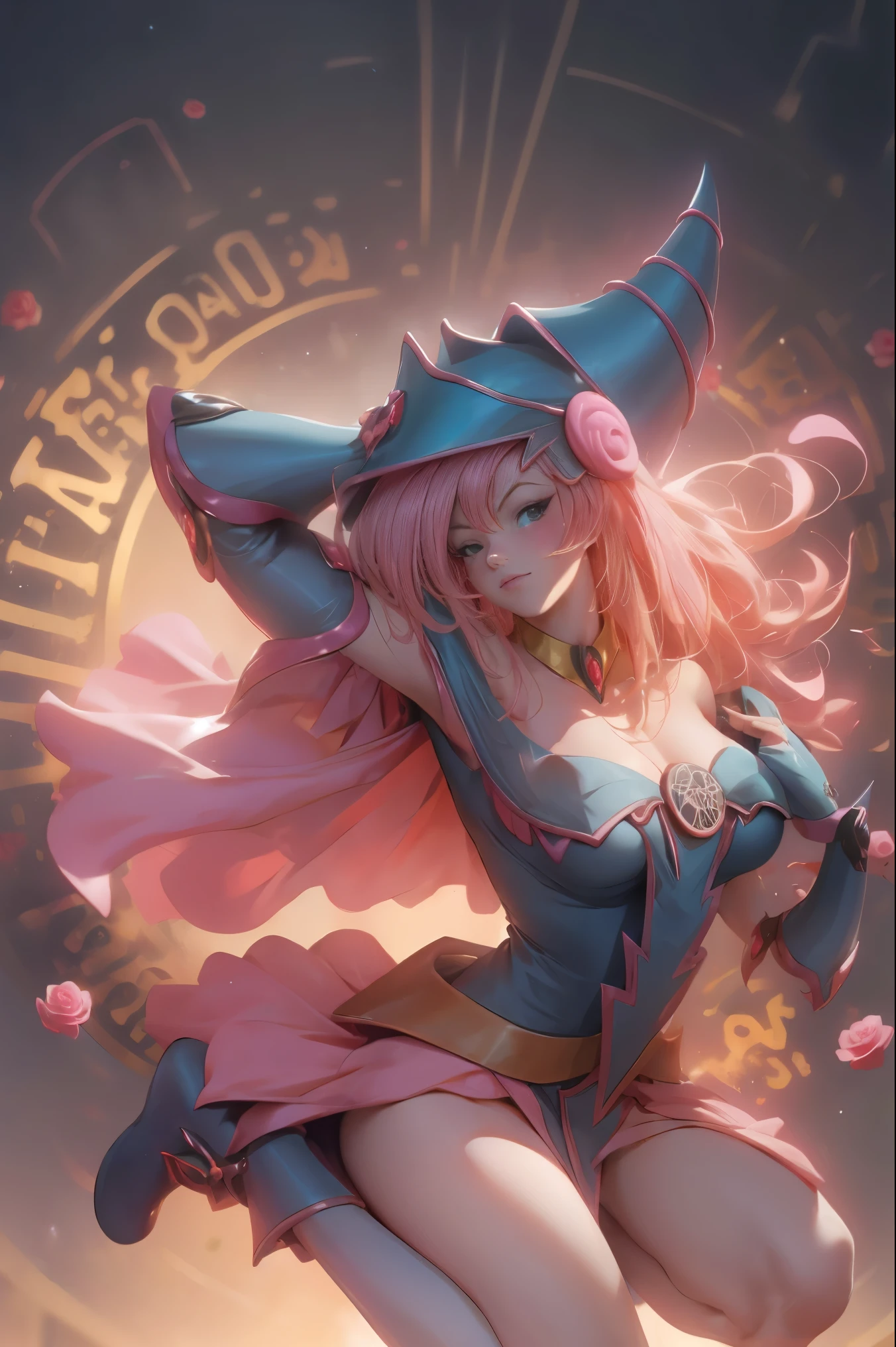 Hermosa dark magician gils. Joven con cabello corto y rubia. Ojos verdes. Labios rosados. She is in a garden of red roses. Rosas rojas la rodean. Pose y inocente. Fondo de rosas rojas y lluvia