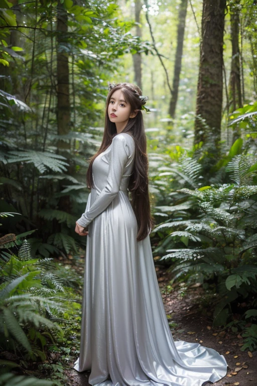 (realistic, high-res:1.2),ultra-detailed, a girl in a forest, elf-like, magical theme, soft clothing, long hair, wearing a silver gown, 25 years old, standing at a 45-degree angle