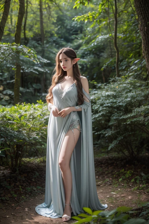 (realistic, high-res:1.2),ultra-detailed, a girl in a forest, elf-like, magical theme, soft clothing, long hair, wearing a silver gown, 25 years old, standing at a 45-degree angle