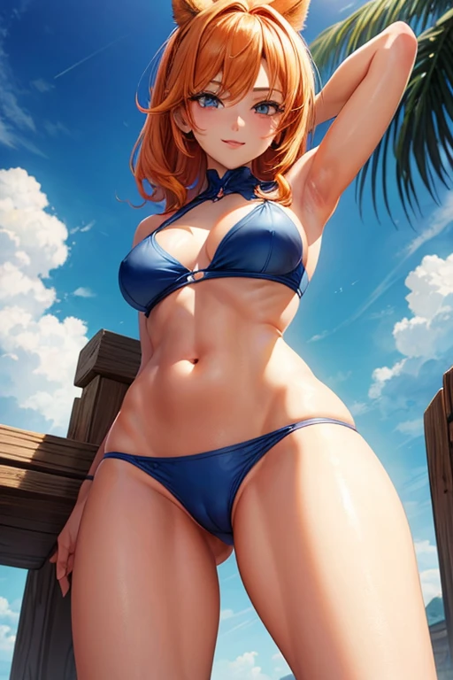 Draw Cassye Sandler, an anime-style female character with lung-length orange hair, thin orange eyebrows and blue eyes, smile on her face. small breasts, thin waist, big perky ass, thick thighs. doing artificial tanning on your stomach. seen from the back with the butt facing the viewer. bottom-up perspective. as sexy as possible without going over the limit of sensuality.