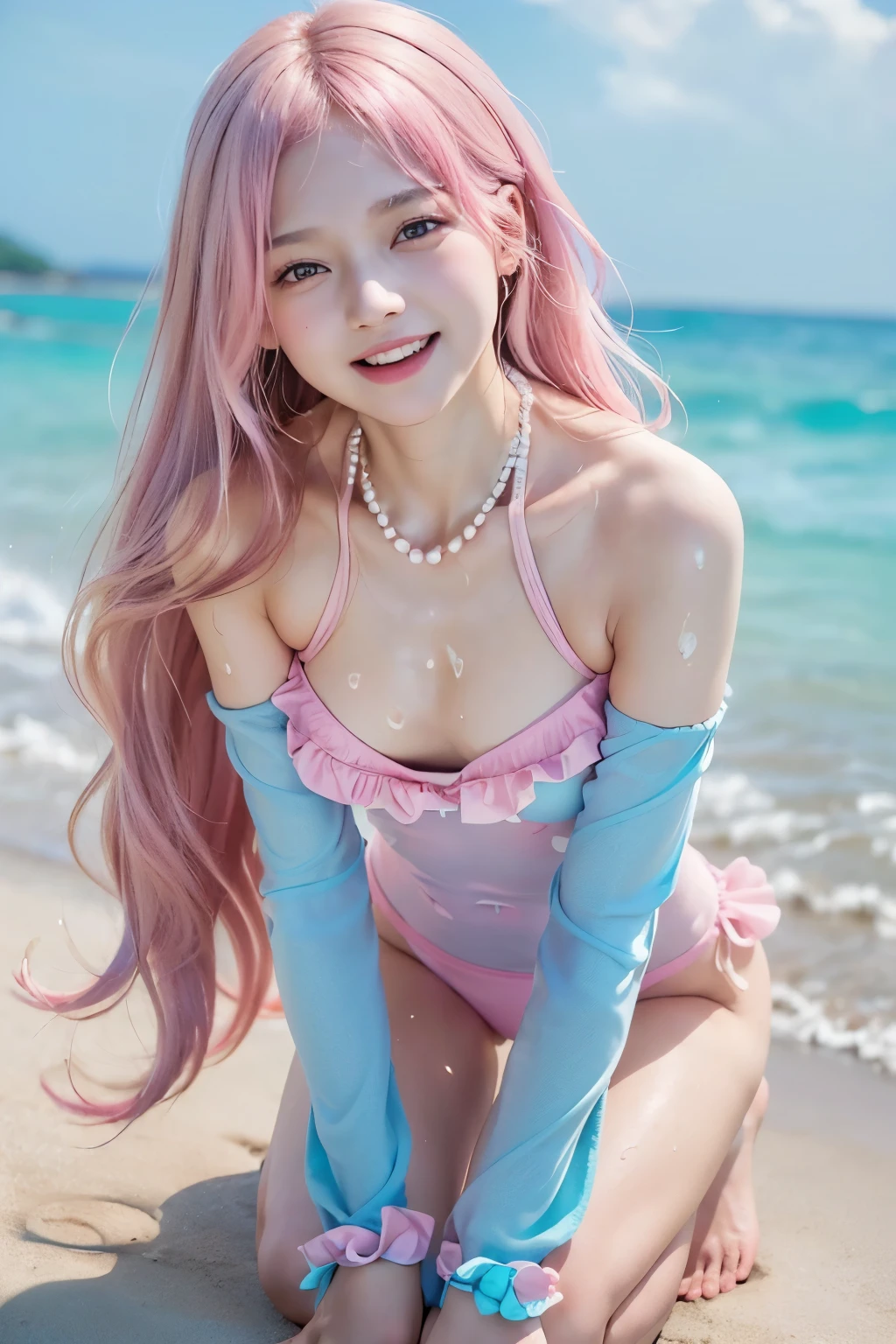 8K, top-quality, masterpiece:1,2), (reallistic, Photorealsitic:1.37), Super Detail, One girl,), (Highly detailed), (beautifully detailed eyes), (of the highest quality), (super detailed ), (masterpiece), (Detailed face),20yr old, ,1 girl, ((pink hair,long hair)), medium breasts, clothed, Perfect Lighting, BREAK,
(light pink:1.2), (baby blue:1.2), (small floral patterns:1.2), (shiny fabric:1.1), (one-piece swimsuit:1.5), (long-sleeved rash guard:1.3), (light support bikini top with pads:1.4), (high-waisted bottoms:1.4), (loose-fitting:1.3), (large ribbon on chest:1.2), (small ribbons on hips:1.2), (frills on chest:1.2), (pearl details:1.1), (bead details:1.1), (pastel-colored beach sandals:1.2), (flower-shaped sandals:1.2), (shell necklace:1.1), (pearl bracelet:1.1), BRAKE, (upper body and knees:1.2), (long wavy hair:1.2), (shoulder length hair:1.1), (smiling:1.3), (facing forward:1.2), (looking up:1.1), (looking at viewer:1.5), (seiza:1.5), (sweat:1.5), (steam:1.2), (girl trembling with sexual climax:1.1), (body fluids juice:1.2), (open mouth:1.2), (touching swimsuit ties:1.1), (one leg forward:1.1), (stick out tongue:1.2), (bright facial lighting:1.3), (hair highlights:1.3), BRAKE