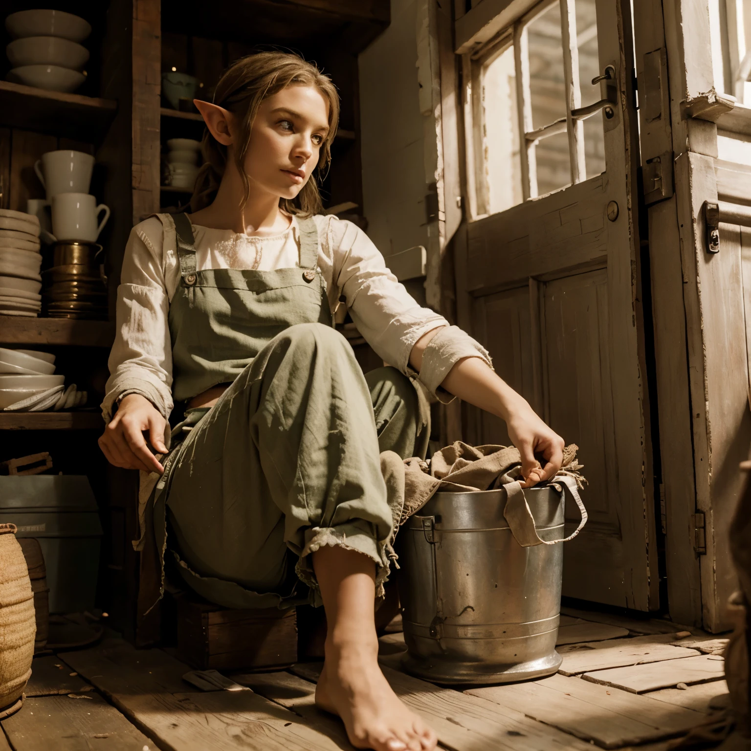 Elf, neutral in shabby clothes, is in slavery 