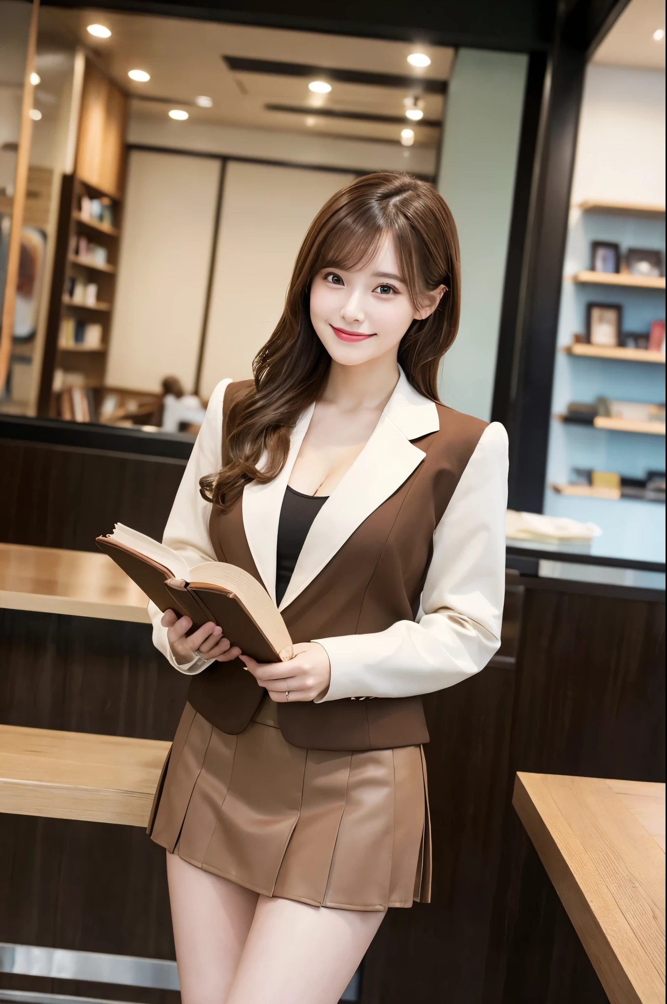 profile、Woman reading a book、Brown hair tied with ribbon、Jacket、mini skirt、Cleavage(Very large breasts、Very thin and long legs、Perfect figure、High heels、whole body、smile)、1 female、No makeup、26 years old、(masterpiece、8K,RAW Photos、High resolution:1.4)