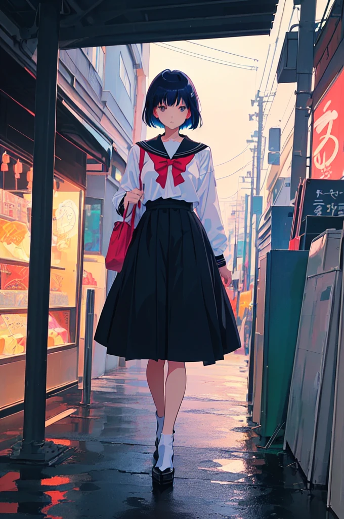 アニメキャラクターのスケバンの不良少女が、黒い制服を着て、黒い非常