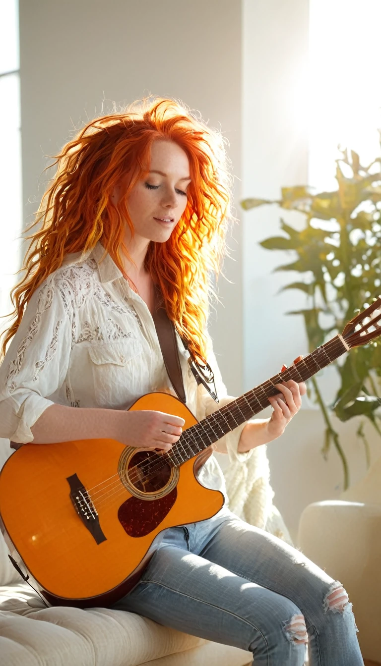 With fiery locks cascading down her back, a talented musician strums her guitar in a sunlit room, creating a beautiful melody.