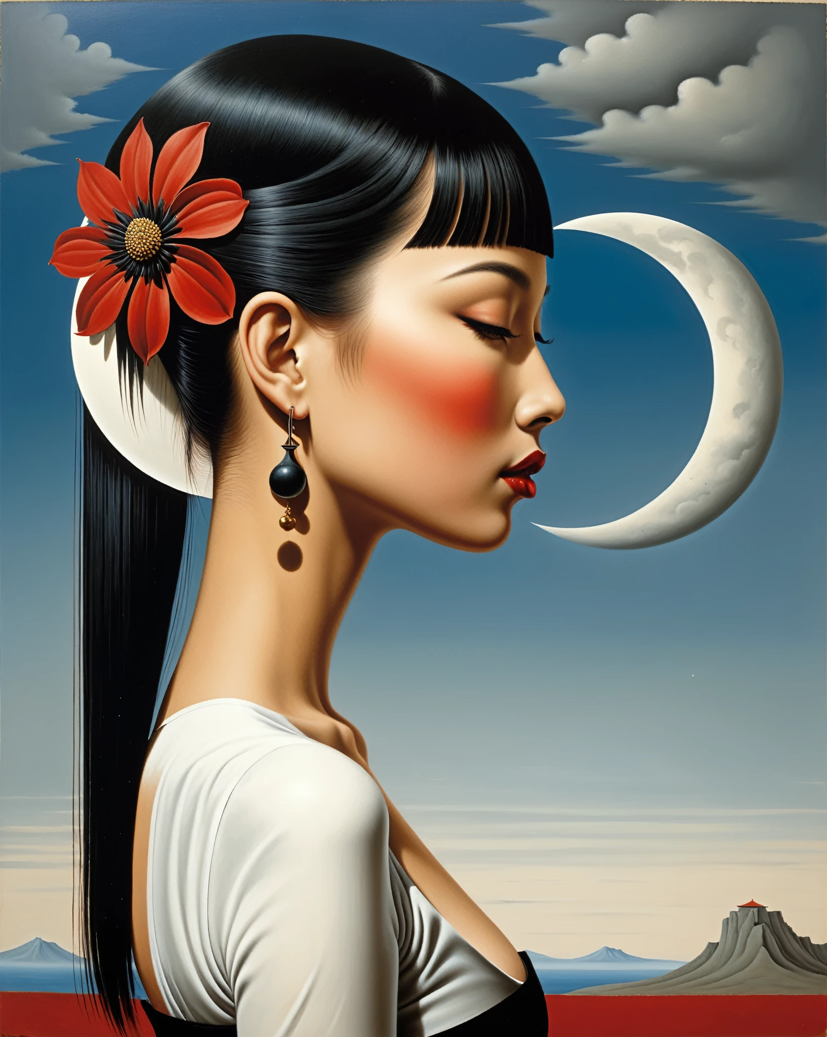 japanese girl side view, her hair is long and straight, have fringe, slighly red, she has black flowers tattoo on her forearm, her name is Moon  - surrealist style, surrealist artwrok, dream like, Salvador Dali style, Rene Magritte style, highly detailed, masterpiece, painting-like, HD