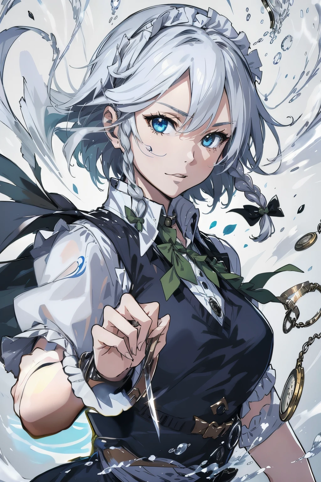 masterpiece, best quality, illustration, 1girl, solo, Izayoi Sakuya, (white short hair), maid headband, sharp eyes, (vivid color), light, thick smoke:1.6, (floating white ink:1.8), Cyan flame, (beautiful and clear background:1.25), (depth of field:0.7), Dreamlike, (highres:1.2), (ultra-detailed:1.2), (extremely detailed CG unity 8k wallpaper:1.2), (traditional media), (sketch:1.1), finely detailed beautiful eyes and detailed face, Knives, (flying petals:1.2), (evil smile:1.5), (knives in right hand and pocket watch in left hand:1.3), Knifefight, dynamic colors, colorful, dynamic pose, dynamic angle, (from below:1.5), Touhou, knife, holding Knives, izayoi sakuya, medium breasts, (detailed eyes), cute, beauty, HDR, 4K, nier anime style, harmony, fighting stance, izayoi sakuya