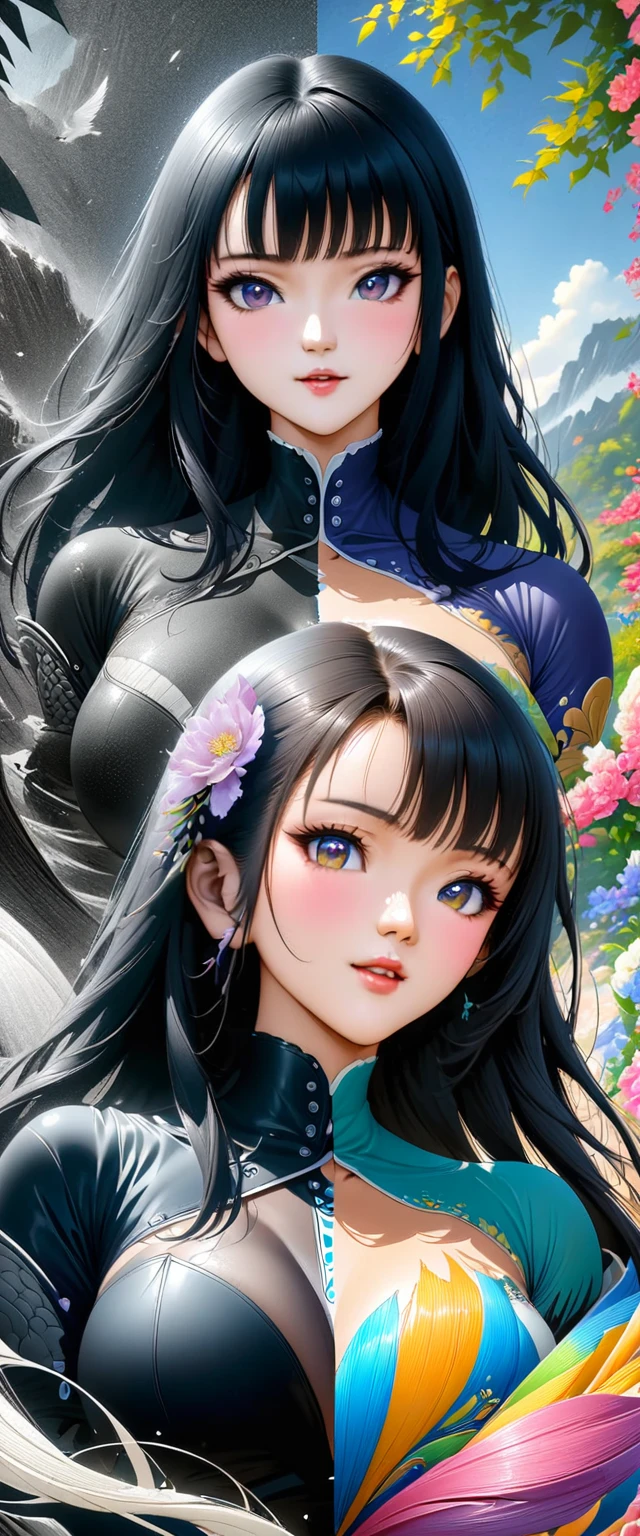 Close-up of an Asian woman, Nico Robin, Produced by Anime Painter Studio, realistic anime artstyle, realistic anime artstyle, Beichuan Marin Fan Art, Beautiful anime portrait, Anime realism style, Beautiful anime woman, Drawing in anime painter studio, High-quality fan art, Range Murata Japanese Art Germ, Beautiful anime art style,The artwork should transition from a pencil drawing style in 黑色的 and white on the left half to vibrant colors on the right half, Ensure seamless integration of the two halves,No dividing line, The scenes on both sides are exactly the same, with the left side featuring detailed 黑色的 and white pencil strokes and the right side filled with colors, Create a fusion