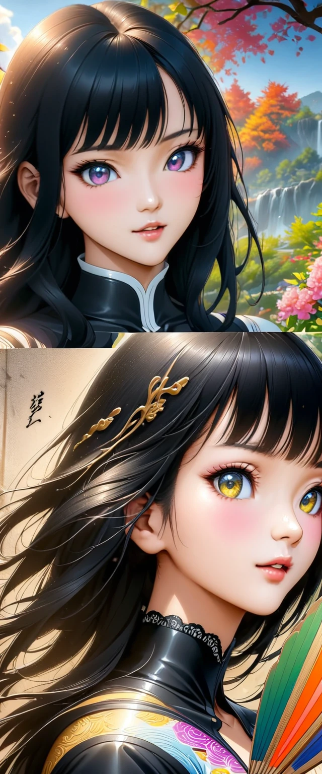 Close-up of an Asian woman, Nico Robin, Produced by Anime Painter Studio, realistic anime artstyle, realistic anime artstyle, Beichuan Marin Fan Art, Beautiful anime portrait, Anime realism style, Beautiful anime woman, Drawing in anime painter studio, High-quality fan art, Range Murata Japanese Art Germ, Beautiful anime art style,The artwork should transition from a pencil drawing style in 黑色的 and white on the left half to vibrant colors on the right half, Ensure seamless integration of the two halves,No dividing line, The scenes on both sides are exactly the same, with the left side featuring detailed 黑色的 and white pencil strokes and the right side filled with colors, Create a fusion