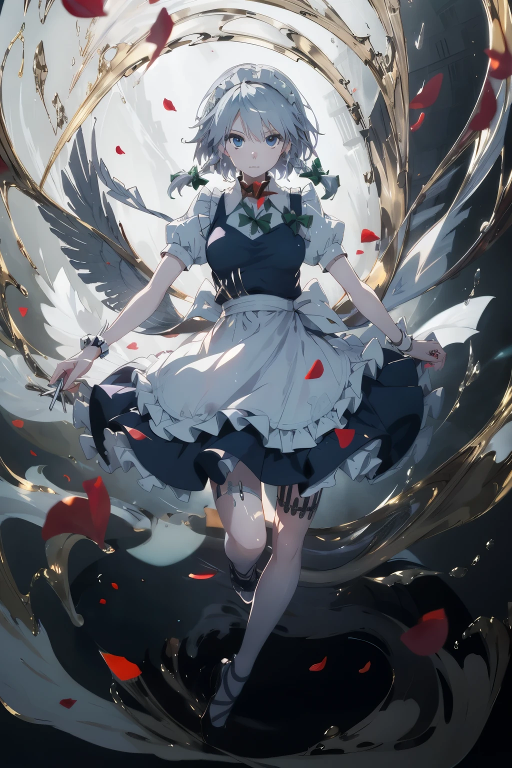 masterpiece, best quality, illustration, 1girl, solo, Izayoi Sakuya, (white short hair), maid headband, sharp eyes, (vivid color), light, thick smoke:1.6, (floating white ink:1.8), Cyan flame, (beautiful and clear background:1.25), (depth of field:0.7), Dreamlike, (highres:1.2), (ultra-detailed:1.2), (extremely detailed CG unity 8k wallpaper:1.2), (traditional media), (sketch:1.1), finely detailed beautiful eyes and detailed face, Knives, (flying petals:1.2), red roses, Knifefight, dynamic colors, colorful, dynamic pose, dynamic angle, (full body:1.3), Touhou, knife, holding Knives, izayoi sakuya, medium breasts, (detailed eyes), cute, beauty, HDR, 4K, nier anime style, harmony, fighting stance, izayoi sakuya
