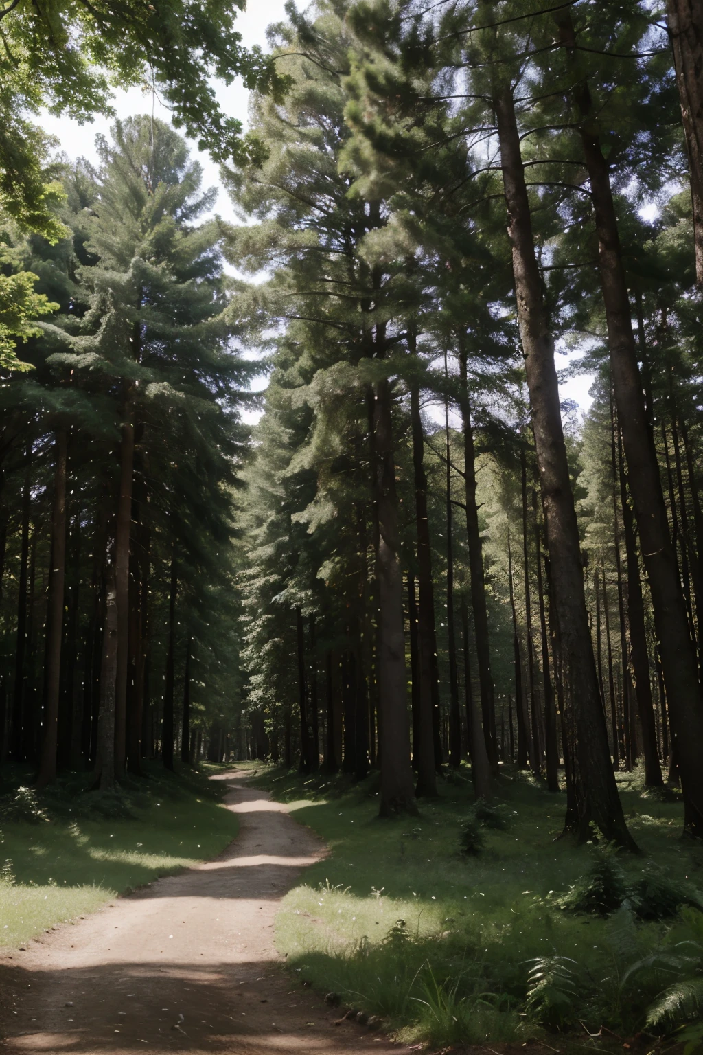 A large, shady forest full of trees and the sound of birds singing.