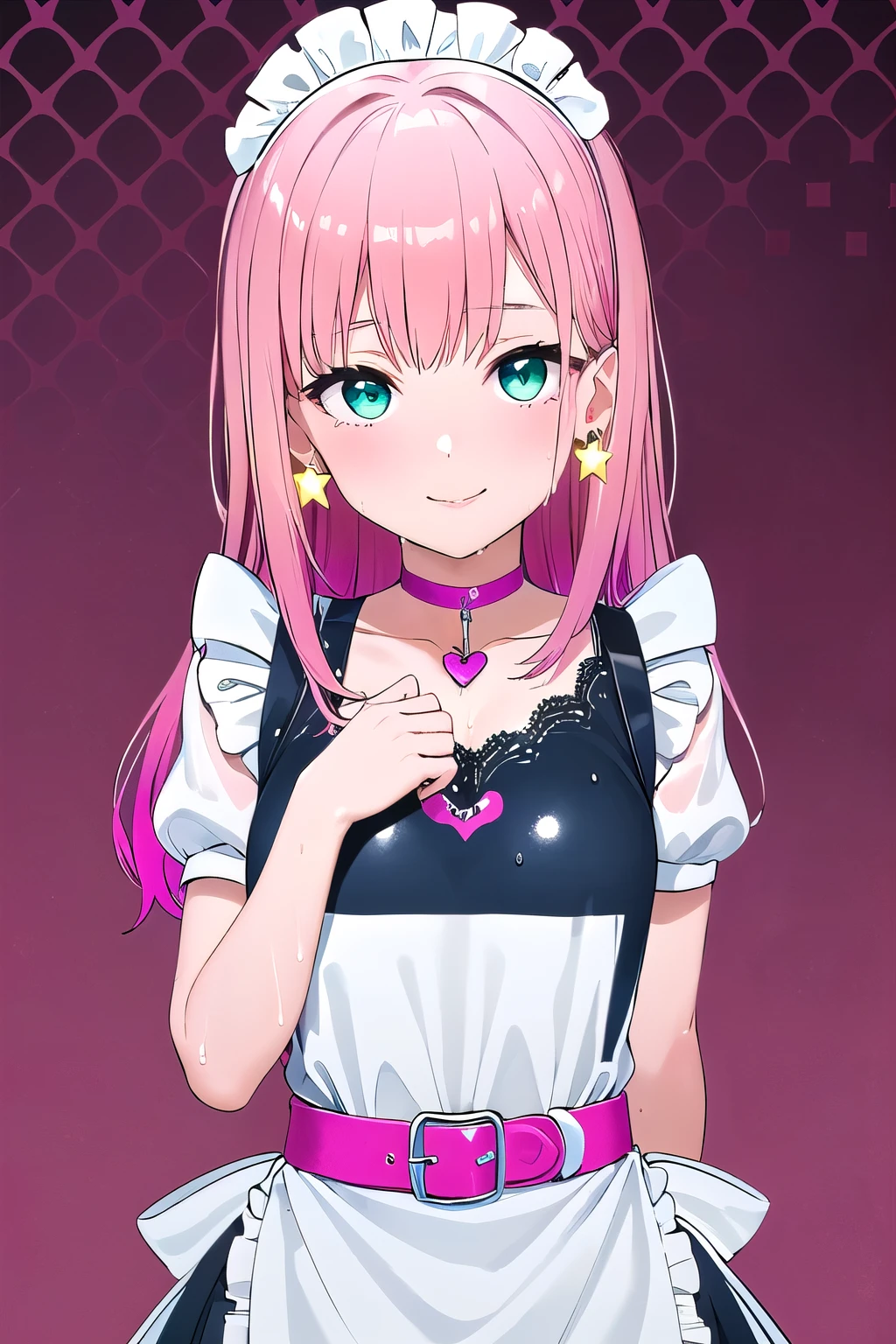 (8K, top-quality, masterpiece:1.2), (reallistic, Photorealsitic:1.37), Super Detail, One girl,), (Highly detailed), (beautifully detailed eyes), (of the highest quality), (super detailed ), (masterpiece), (Detailed face),20yr old, ,1 girl, ((pink hair,long hair)), medium breasts, clothed, Perfect Lighting, BREAK, (shiny neon pink green blue:1.5), (gradient color dress:1.4), (stars hearts glitter pattern:1.3), (glossy wet suit fabric:1.5), (short puffy sleeved bolero:1.2), (sheer lace trimmed camisole:1.2), (frilly sleeves sweetheart neckline blouse:1.3), (mini pleated skirt with apron belt:1.3), (bodycon fit silhouette:1.3), (knee high socks with frills:1.2), (clear platform loafers:1.2), (ribbon choker with charm:1.2), (star earrings heart necklace:1.2), (girly accessories:1.2), BREAK, (high quality:1.5), (upper body to knees:1.3), (long pink hair half up:1.2), (gentle smile:1.2), (rolled up sleeves:1.2), (touching apron:1.2), (vintage wallpaper background:1.2), (soft natural light:1.2)