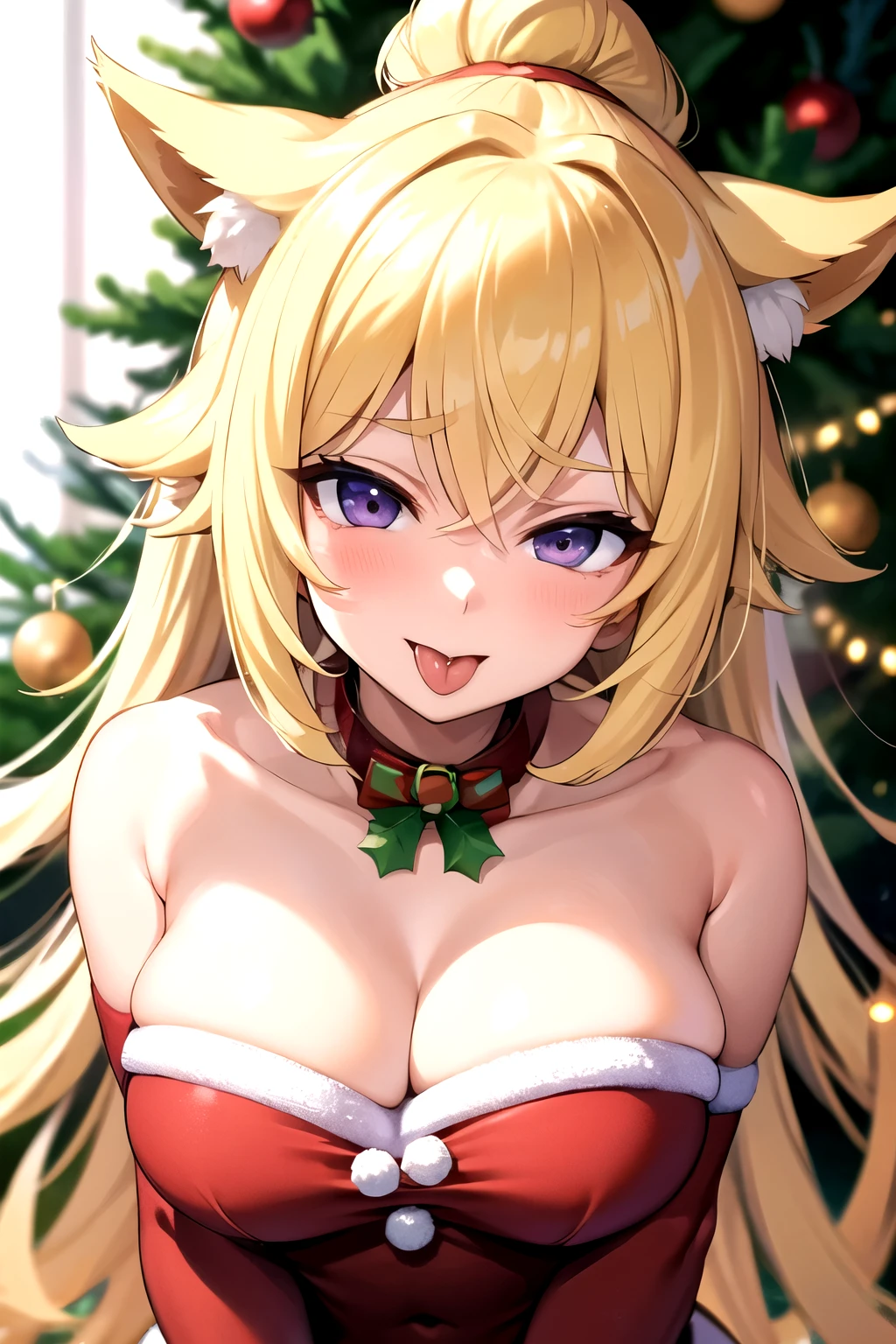 hassaku (hentai) cheveux courts blonde, purple eyes christmas shy sticks out tongue