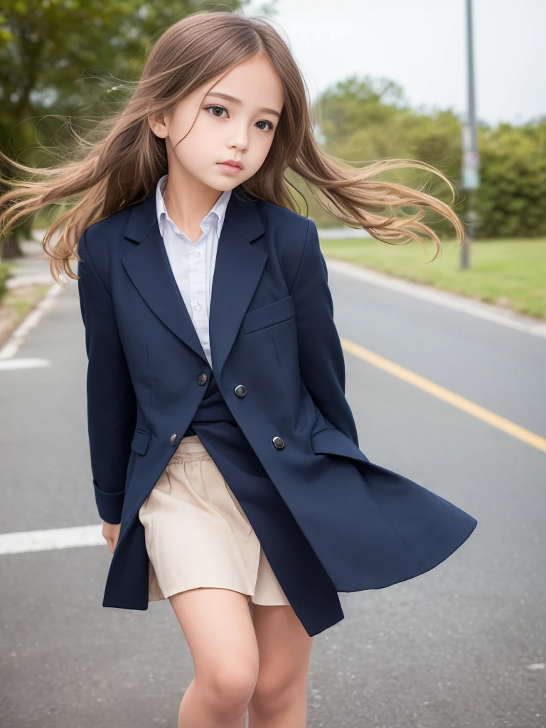 (masterpiece, highest quality:1.4), Award-winning portraits, 8k, 85mm, alone, Beautiful Face, Delicate girl, , (Dark navy blazer jacket, Put your arms behind your back, Close your face:1.2), Dark Navy Skirt, Long sleeve, Sophisticated, cute, Teen, Looking at the audience, 15 years old, RAW Photos, Confused, High resolution, Sharp focus, Background blur、(((Flat  、thin and delicate body、Childish atmosphere)))、shiny semi-long hair、ponytail、Mole on the left cheek、 Dark blue eyes、Random Pause、the skirt is swaying in the wind、Hair swaying in the wind