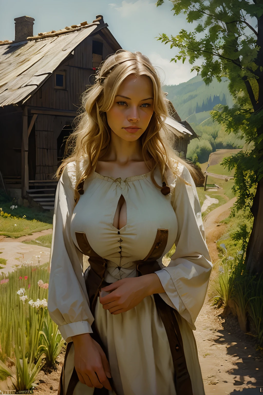 masterpiece, oil painting of Guinwen as a peasant girl, 8K, 1 girl, realistic oil painting, pretty face, Gesicht von Guinwen, beautifully detailed eyes, sehr detailliert, blondes Haar, blonde Haare, graue Augen, sichtbare Taille, large breasts, huge breasts, Haaransatz, dancing in the spring, voll bekleidet, medieval, Portrait, Felder im Hintergrund, small farmhouses, full body, ((oil painting)), full cleavage