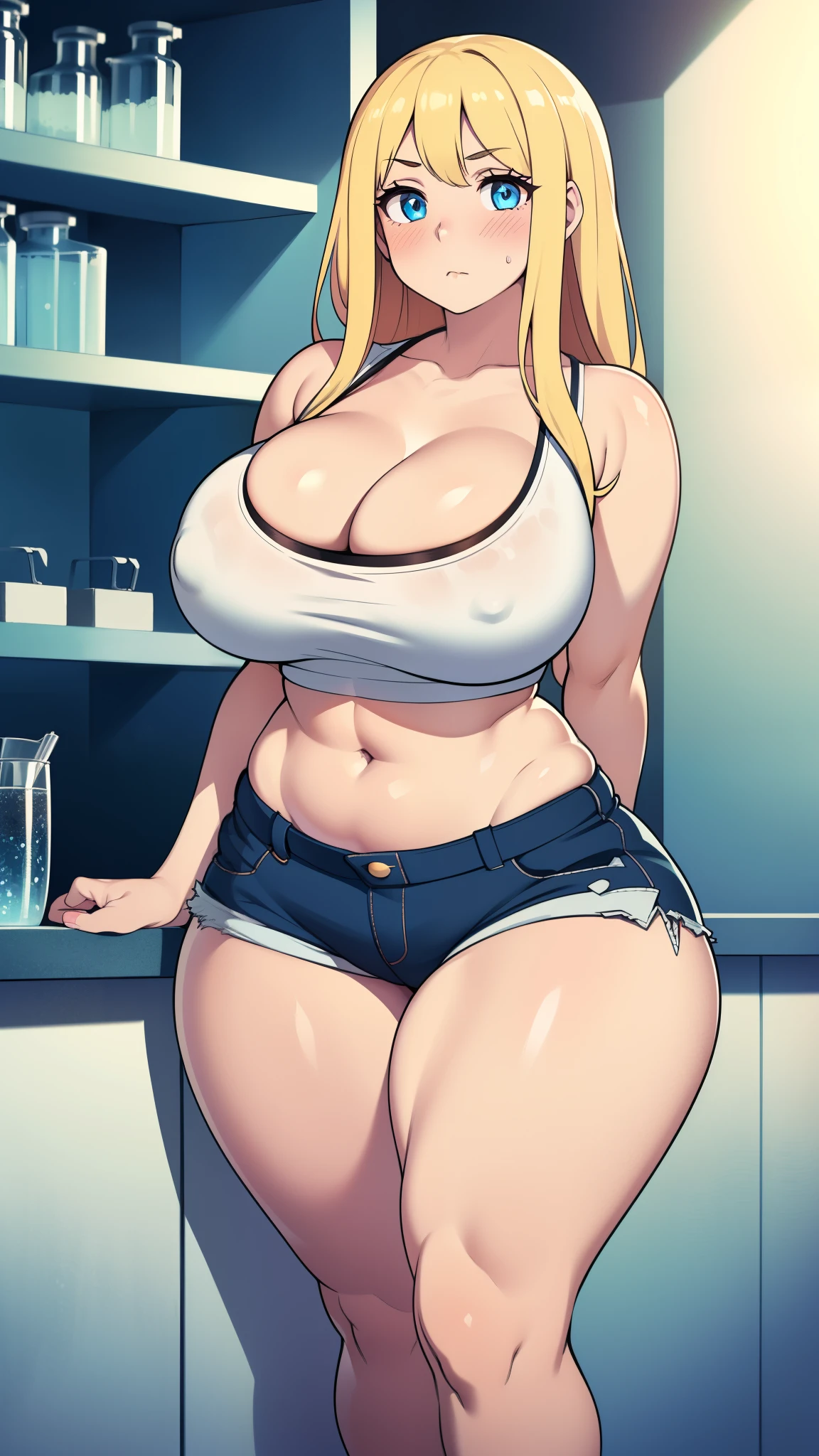 ((highres)), Masterpiece, high quality, best quality, beautiful, perfect lighting, detailed face, ultra cute face,
((1girl)), ((solo), long fluffy blonde hair, blue eyes, ((blush)), confused look, looking at viewer, arms behind back, standing in a standing in lab, (standing in lab), daytime,
crop top, shorts, (thick thighs), (wide hips), cleavage, (large breasts), 20 year old female,