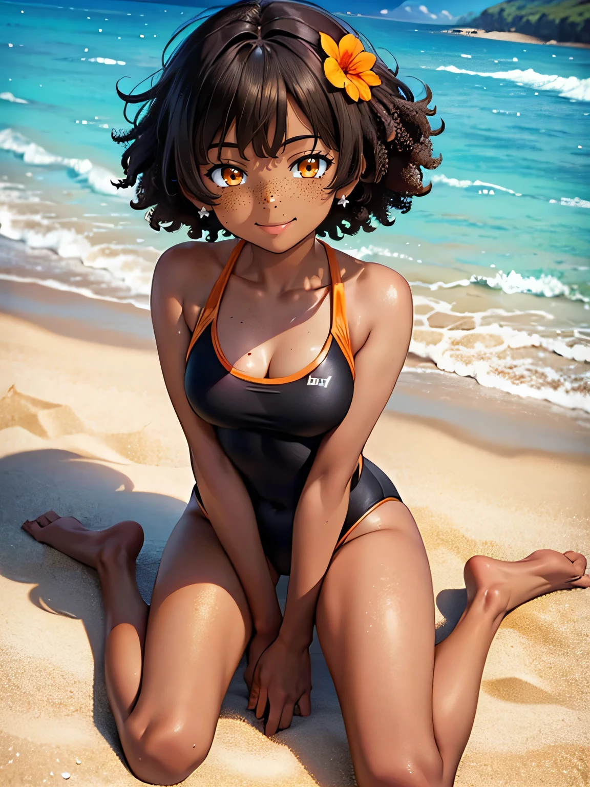 Dark brown hair, black skin, orange eyes, big afro, freckles, orange swimsuit, one piece swimsuit, black flowers, short, brown hair, medium breasts, outside, smile, sitting on sand, legs crossed, beach, legs spread