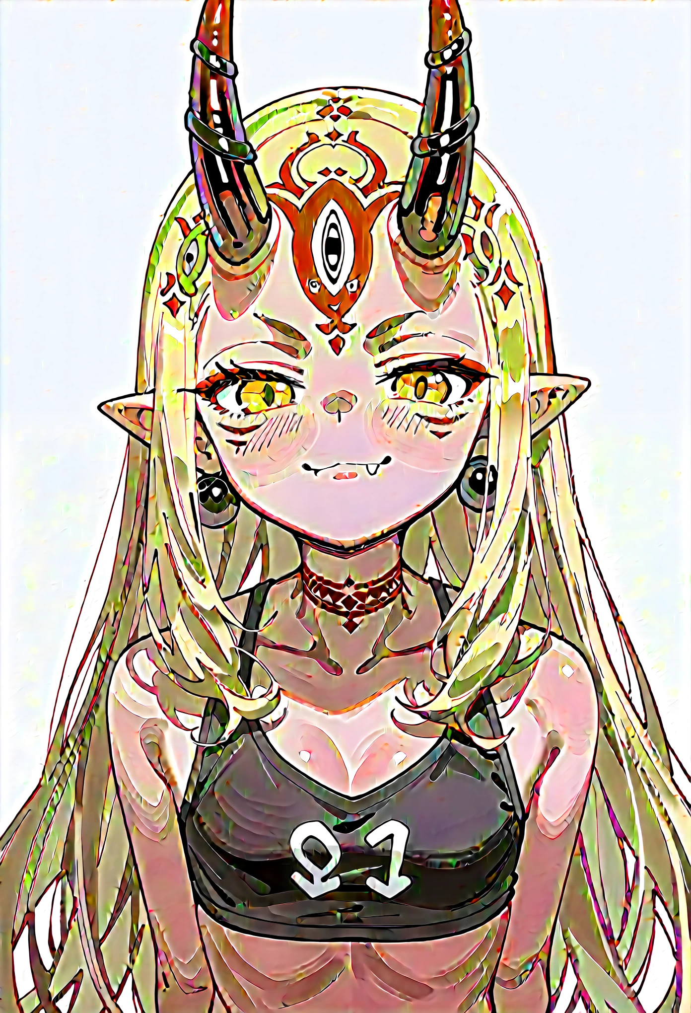 1girl, long hair, blonde hair, sidelocks, yellow eyes, pointy ears, facial mark, tattoo, forehead mark, oni, horns, black crop top, earrings, jewelry, barefoot, smug, closed mouth, fang, standing, arms on sides, upper body, score_9, score_8_up, score_7_up, masterpiece, Very aesthetic, best quality, white background