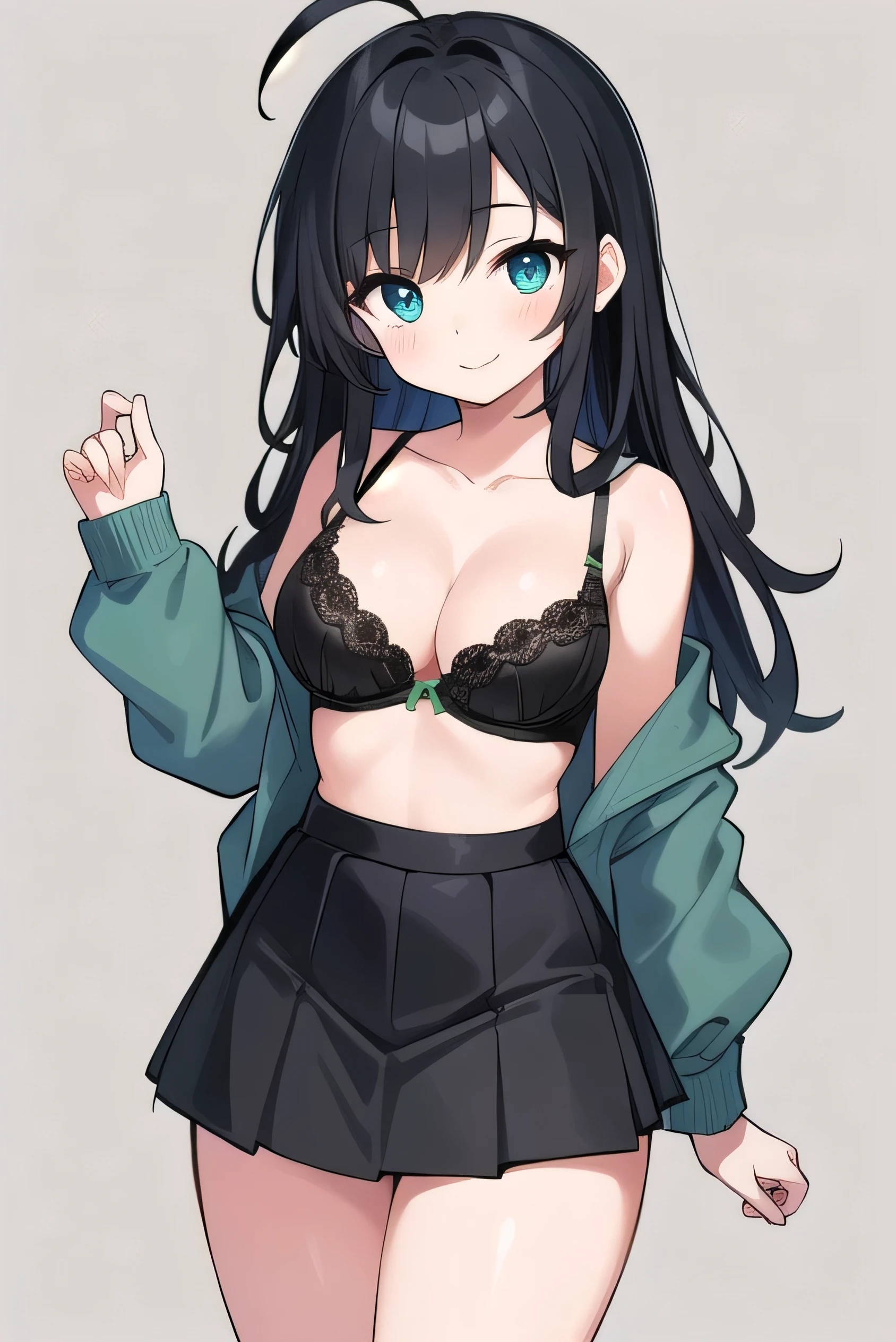 Junior high school student who looks like an elementary school student, , very short, 140 cm tall, black hair with a slight green tinge, short ahoge, beautiful long hair but with a little hair sticking out, beautiful round eyes, blue eyes, smile, boyish, long sleeves, Thick clothes, skirt, big breasts, hair longer than waist, long hair, childish face, gentle smile, a little shy, black skirt, black hair with a slight green tinge, boyish, gentle smile, jacket one size larger, ( Deep greenish black hair: 1.3),(her bra is visible:1.2)