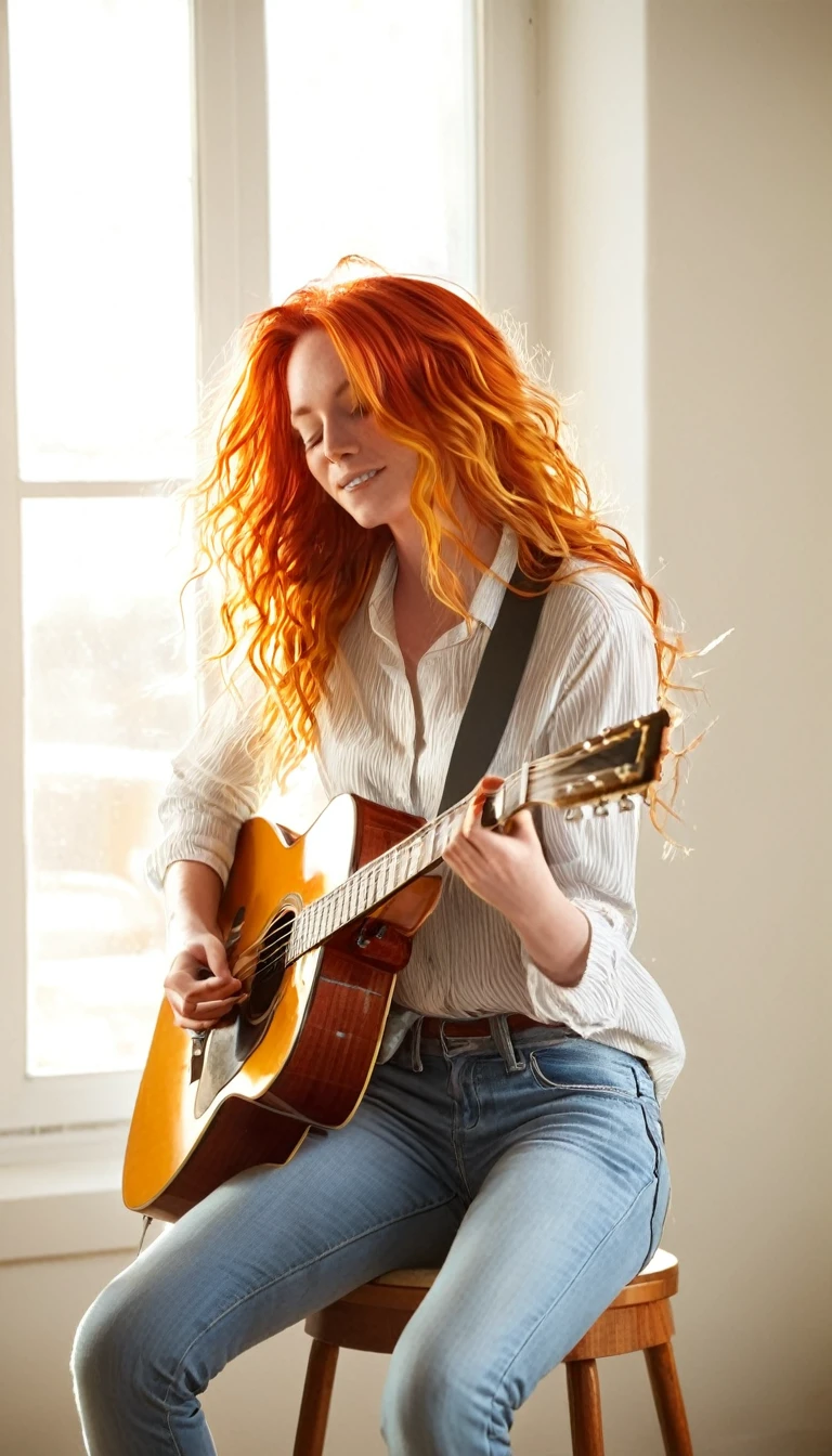With fiery locks cascading down her back, a talented musician strums her guitar in a sunlit room, creating a beautiful melody.