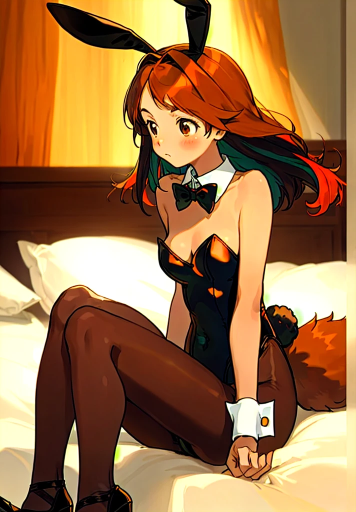 Masterpiece, Best Quality, 1girl, medium breast, brown hair, long hair, multicolored hair, orange red hair tips, swept bangs, brown eyes, playboy black bunny, fake rabbit ears, fake rabbit tail, detached wing collar, bowtie, strapless leotard, pantyhose, high heels, wrist cuffs, covered navel, bare shoulders, uncertainty, blushes, looks away, straight-on, sitting on bed