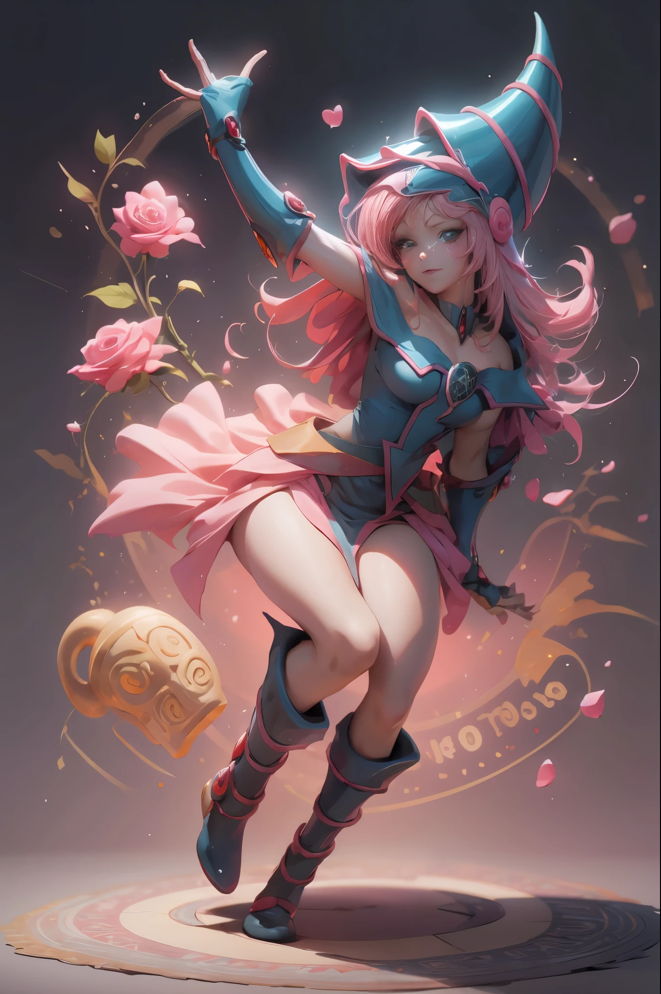 Hermosa dark magician gils. Joven con cabello corto y rubia. Ojos verdes. Labios rosados. She is in a garden of red roses. Rosas rojas la rodean. Pose y inocente. Fondo de rosas rojas y lluvia