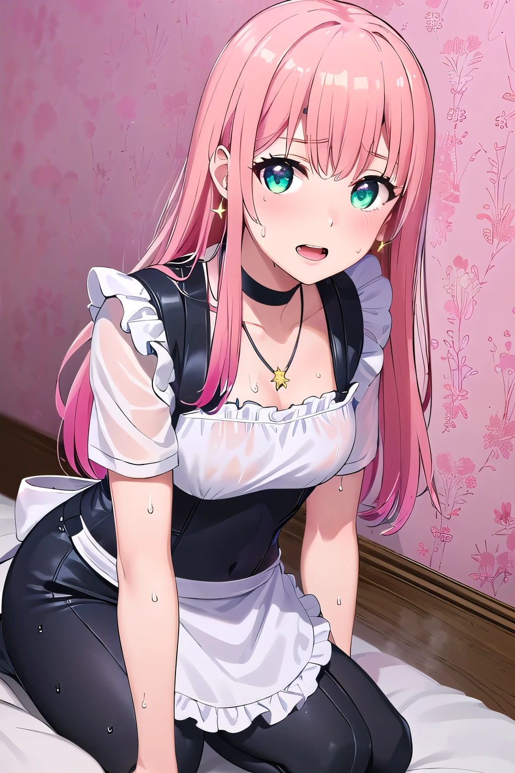 (8K, top-quality, masterpiece:1.2), (reallistic, Photorealsitic:1.37), Super Detail, One girl,), (Highly detailed), (beautifully detailed eyes), (of the highest quality), (super detailed ), (masterpiece), (Detailed face),20yr old, ,1 girl, ((pink hair,long hair)), medium breasts, clothed, Perfect Lighting, BREAK, (shiny neon pink green blue:1.5), (gradient color dress:1.4), (stars hearts glitter pattern:1.3), (glossy wet suit fabric:1.5), (short puffy sleeved bolero:1.2), (sheer lace trimmed camisole:1.2), (frilly sleeves sweetheart neckline blouse:1.3), (mini pleated skirt with apron belt:1.3), (bodycon fit silhouette:1.3), (knee high socks with frills:1.2), (clear platform loafers:1.2), (ribbon choker with charm:1.2), (star earrings heart necklace:1.2), (girly accessories:1.2), BREAK, (high quality:1.5), (upper body to knees:1.3), (long pink hair half up:1.2), (gentle smile:1.2), (slight blush:1.1), (turned head:1.1), (rolled up sleeves:1.2), (touching apron:1.2), (vintage wallpaper background:1.2), (soft natural light:1.2), BREAK (looking at viewer:1.5), (seiza:1.5), (sweat:1.5), (steam:1.2), (girl trembling with sexual climax:1.1), (body fluids juice:1.2), (open mouth:1.2),