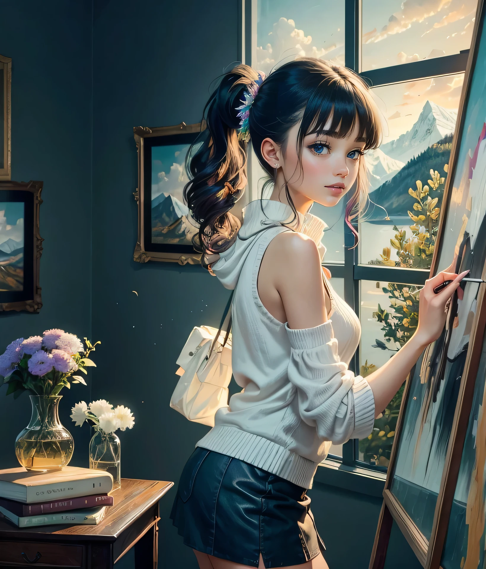 Studio apartment, huge room, Cozy artist's studio, Cute Beautiful Girl、A cute character who wears a mini skirt. Cute Ponytail, highest quality、High resolution、detailed background、(detailed face:1.4)、beautiful and smooth skin, (portrait shot:1.3), easel, color palette, acrylic paints, paintings, large windows, loggia, art, awards, table, sofa, armchairs, mirror, crystals, meditation, harmony, many books on the walls, paintings on the walls, view from the window, sea, mountains, amazing sunset, flower arrangements, paints, brushes, artist's theme, elegant, dynamic bright lighting, happiness, full color, multicolored, artificial, higher detail, super quality, small details, highlights, neon lights, masterpiece, best colors