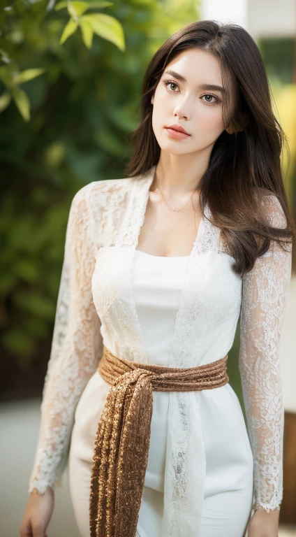 "Generate a high-quality image featuring a brunette woman with a darker hair tone, adorned in an elegant white dress cinched with a belt that accentuates her slender waist. The impeccable application of her makeup should highlight her features, contributing to an overall glamorous and sensual appearance. Carefully arrange the lighting to play with shadows and highlights, adding depth and sophistication to the composition. The woman, posing in a way that exudes feminine allure, should be the focal point, with the background artistically blurred using techniques like soft bokeh. Employ a skillful use of camera effects and a refined color palette to create an aesthetically pleasing and sensually captivating image."