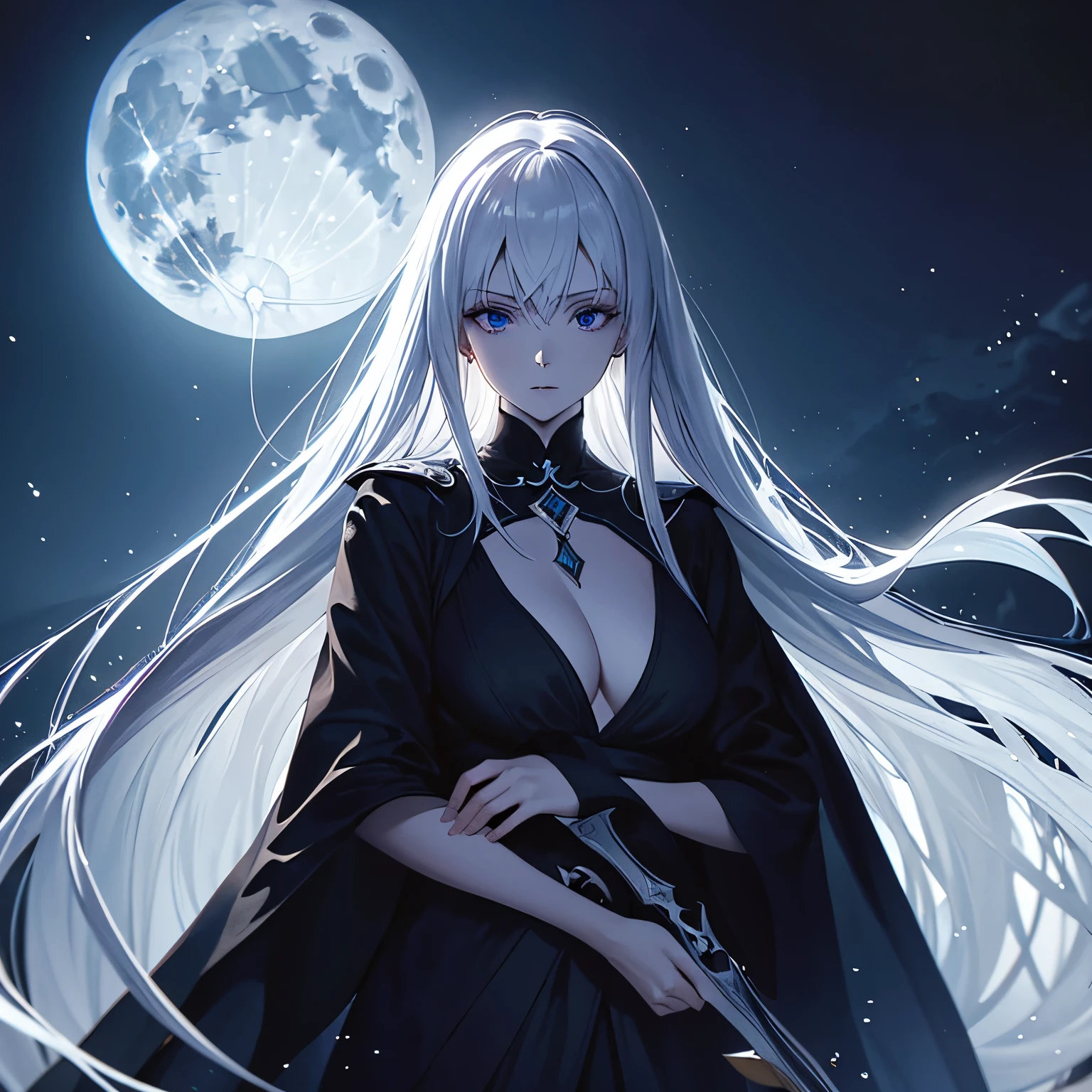 Moon, tall and wise woman, shrouded in mystery, gracefully stood on the endless shore of the black ocean. Her pale silhouette was illuminated by moonlight. She held an ice sword in her hand, like a work of art. Her face, full of expression and depth, it looked like a silhouette, emerging from the center of darkness. Her eyes are the reflection of the moon, reflective awareness of suffering. There is a clearly visible scar on one eye. Her thin eyebrows add emphasis, and long, flowing bright silver hair, falling over the shoulder, contrast with the dark background. She was dressed in a male pirate captain's outfit. A silver ring sparkled on her finger.