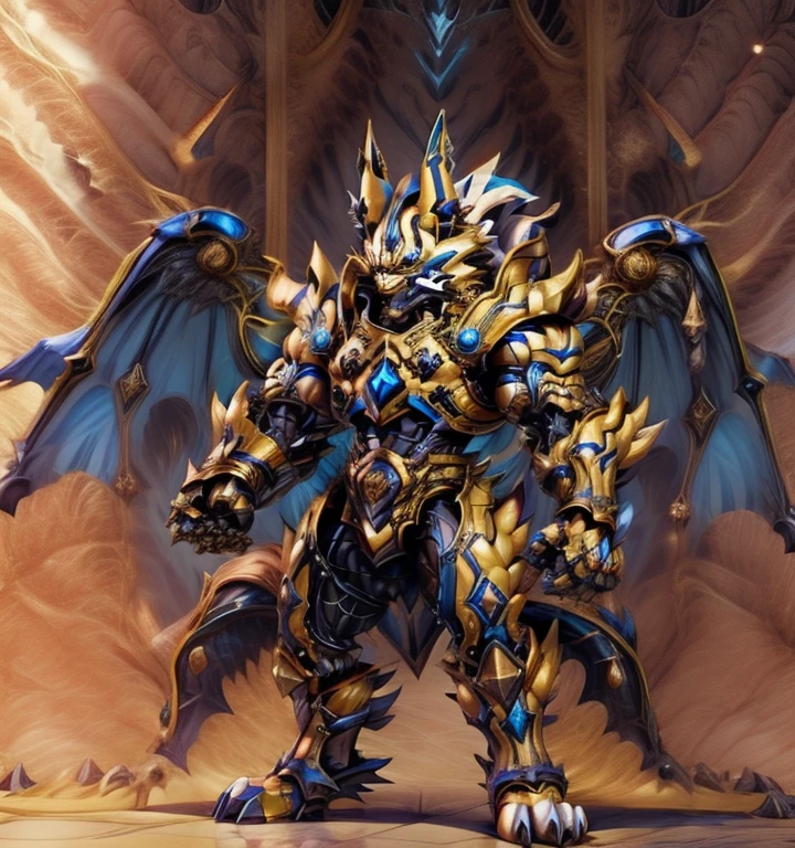 Zeraora's giant robot. (masterpiece, best quality, detailed:1.2) (Pokémon) Powered exoskeleton with the same design as Zeraora big muscle, GIANT, pecs, triceps, traps, waist narrow. bulge in the crotch, with huge golden laser sword, body full of huge muscles. also have a cloak on my back. The cloak is so long that it touches the ground, showing off muscles, mechs, Correct limbs, detailed full body, Very muscular, Large pecs, Heavyweight, Bodybuilder figure, Wearing cyberpunk mecha, big bump, sparkling skin, Vibrant colors, 4K, realism, Don't stray too far from Zeraora's design, Furry Heroes, Main is yellow COLOR, have big wings.