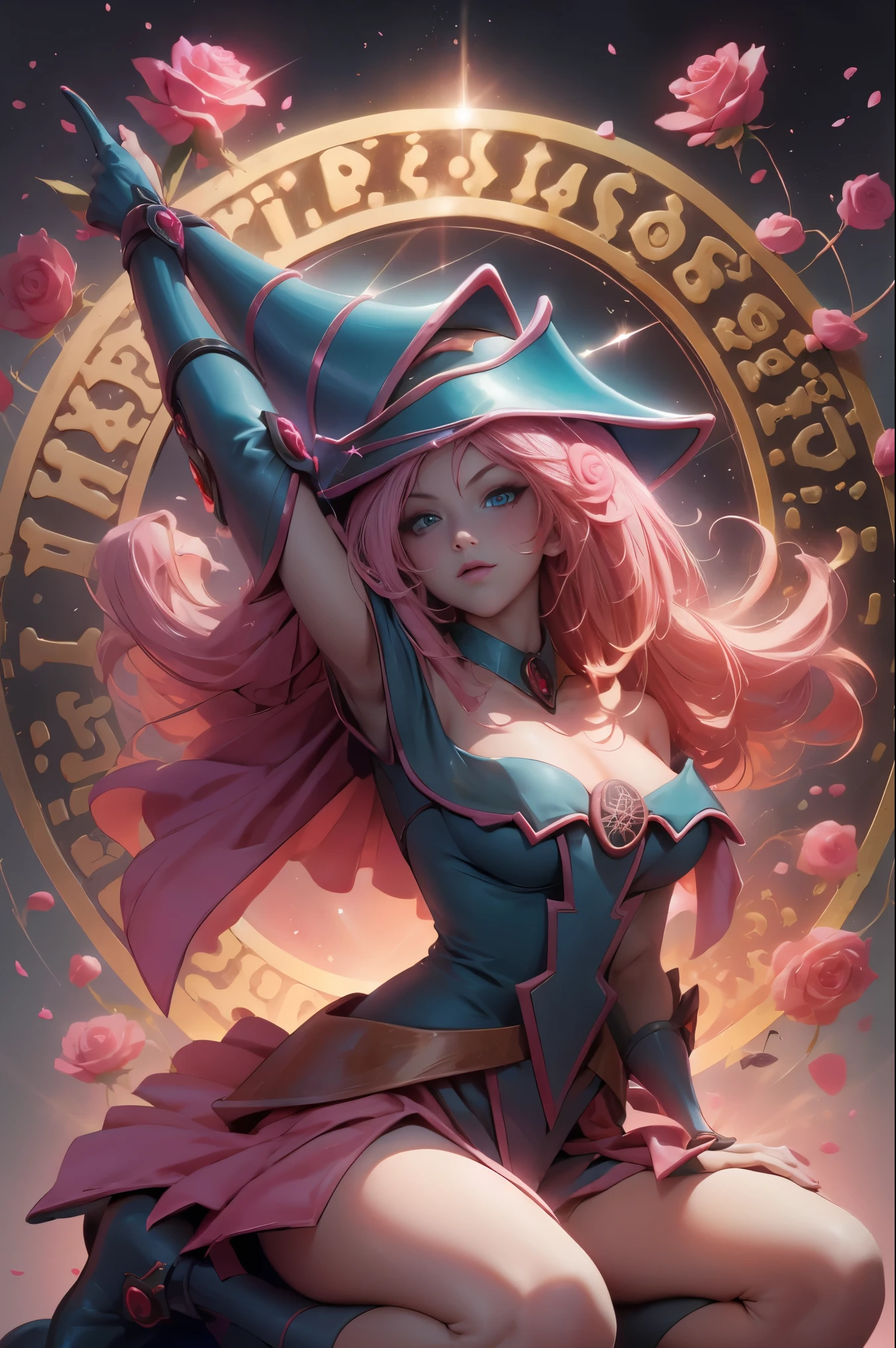 Hermosa dark magician gils. Joven con cabello corto y rubia. Ojos verdes. Labios rosados. She is in a garden of red roses. Rosas rojas la rodean. Pose y inocente. Fondo de rosas rojas y lluvia