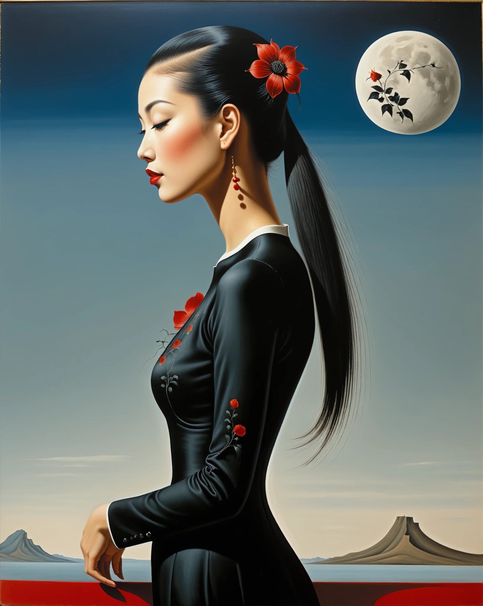 japanese girl side view, her hair is long and straight, have fringe, slighly red, she has black flowers tattoo on her forearm, her name is Moon  - surrealist style, surrealist artwrok, dream like, Salvador Dali style, Rene Magritte style, highly detailed, masterpiece, painting-like, HD