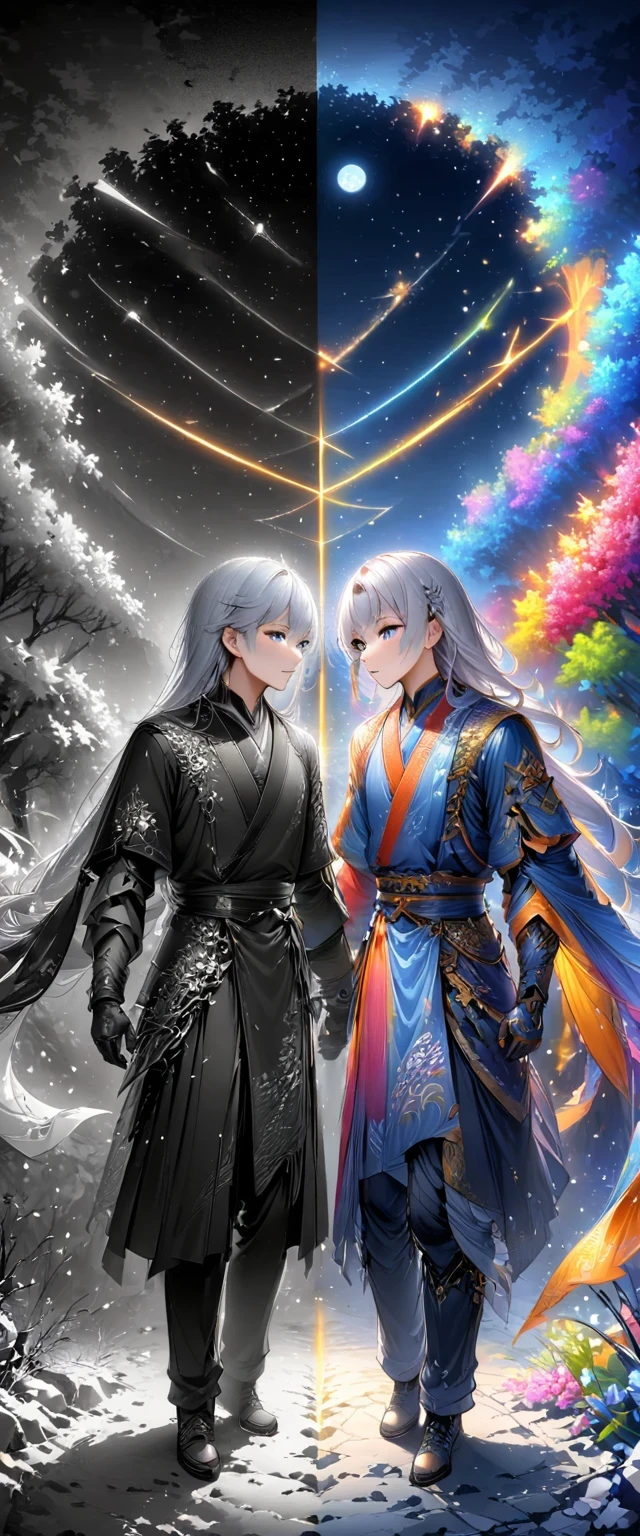 cartoon, Boys, Solitary, Silver hair, White glass fragments, crystallic, Night Sky, Winter Night, Starry Sky, Meteor crossing, Solitary, Quiet, Rendering, best quality, masterpiece, whole body, Particle light effects, Rendering,The artwork should transition from a pencil drawing style in 黑色的 and white on the left half to vibrant colors on the right half, Ensure seamless integration of the two halves，No dividing line, The scenes on both sides are exactly the same, with the left side featuring detailed 黑色的 and white pencil strokes and the right side filled with colors, Create a fusion