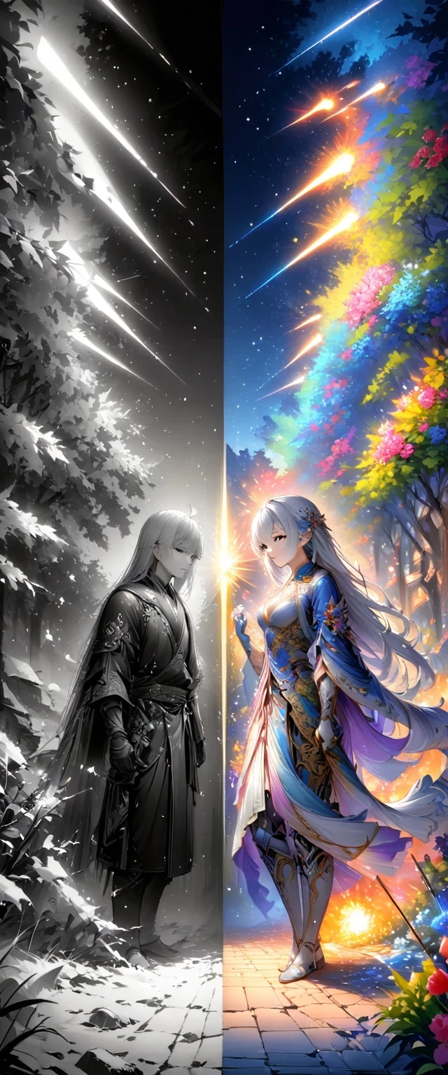 cartoon, Boys, Solitary, Silver hair, White glass fragments, crystallic, Night Sky, Winter Night, Starry Sky, Meteor crossing, Solitary, Quiet, Rendering, best quality, masterpiece, whole body, Particle light effects, Rendering,The artwork should transition from a pencil drawing style in 黑色的 and white on the left half to vibrant colors on the right half, Ensure seamless integration of the two halves，No dividing line, The scenes on both sides are exactly the same, with the left side featuring detailed 黑色的 and white pencil strokes and the right side filled with colors, Create a fusion