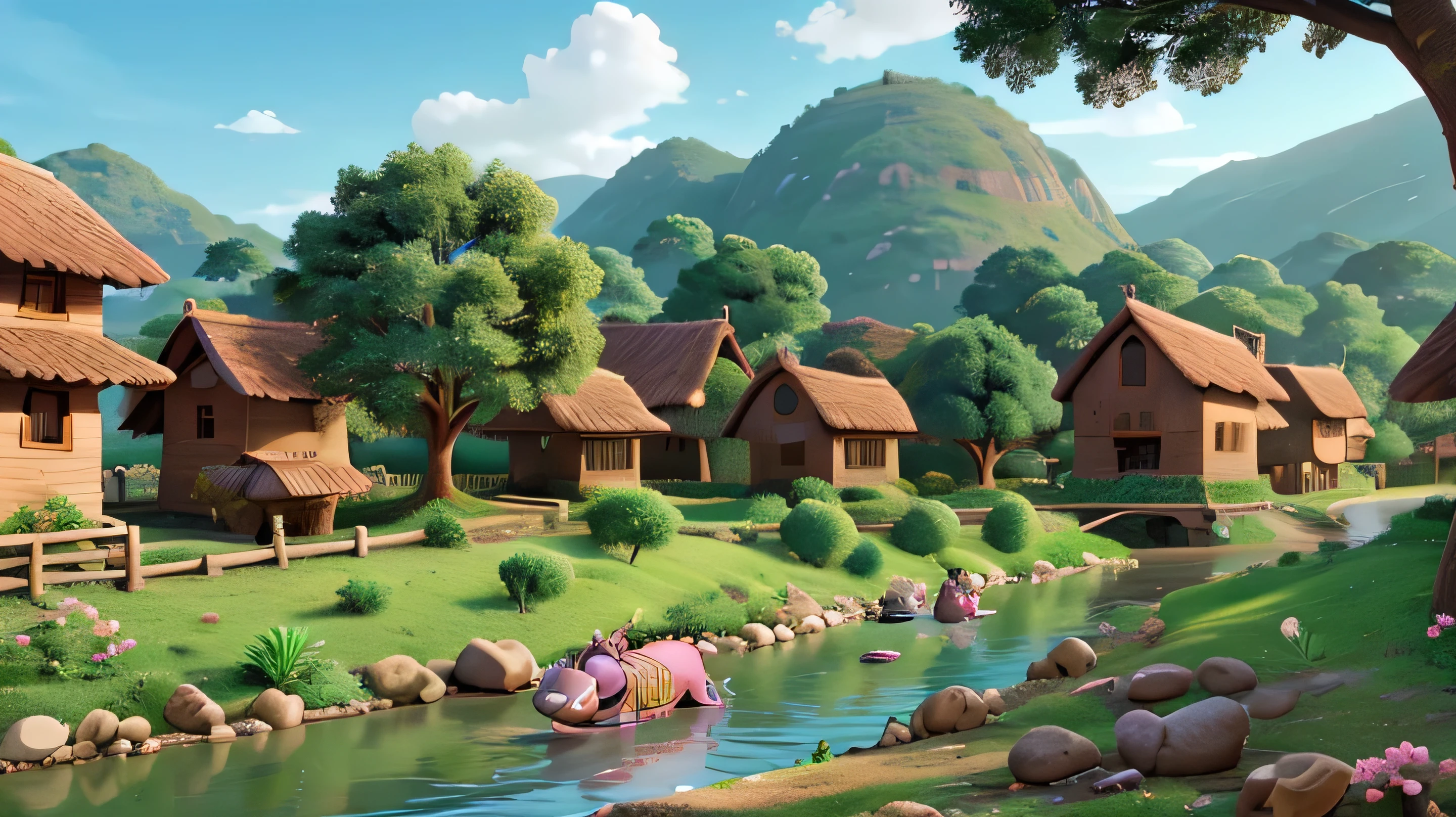 Show the beautiful riverside village with Gopu, the proud pink donkey, and his wise friend Dhoopchand, the tortoise, together by the river.