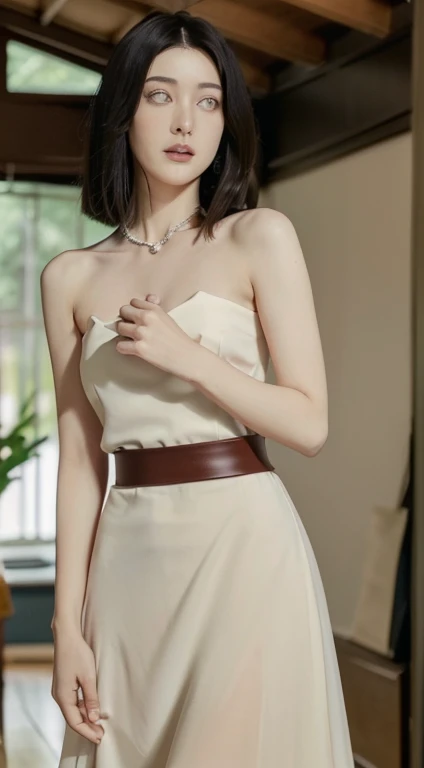 "Generate a high-quality image featuring a brunette woman with a darker hair tone, adorned in an elegant white dress cinched with a belt that accentuates her slender waist. The impeccable application of her makeup should highlight her features, contributing to an overall glamorous and sensual appearance. Carefully arrange the lighting to play with shadows and highlights, adding depth and sophistication to the composition. The woman, posing in a way that exudes feminine allure, should be the focal point, with the background artistically blurred using techniques like soft bokeh. Employ a skillful use of camera effects and a refined color palette to create an aesthetically pleasing and sensually captivating image."