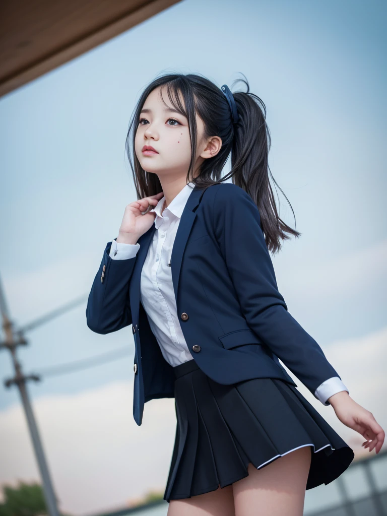 (masterpiece, highest quality:1.4), Award-winning portraits, 8k, 85mm, alone, Beautiful Face, Delicate girl, , (Dark navy blazer jacket, Close your face:1.2), Dark Navy Skirt, Long sleeve, Sophisticated, cute, Teen, Looking at the audience, 15 years old, RAW Photos, Confused, High resolution, Sharp focus, Background blur、(((Flat 、thin and delicate body、Childish atmosphere)))、shiny semi-long hair、ponytail、Mole on the left cheek、 Dark blue eyes、Random Pause、the skirt is swaying in the wind、Hair swaying in the wind、sexy