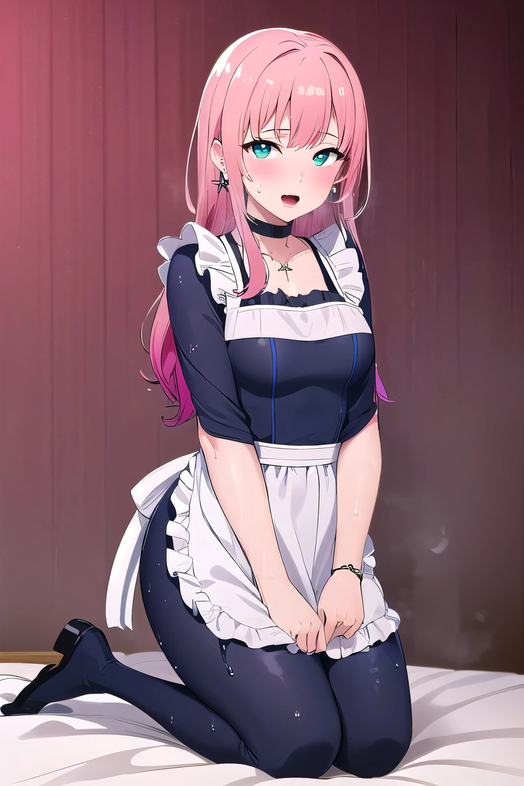 (8K, top-quality, masterpiece:1.2), (reallistic, Photorealsitic:1.37), Super Detail, One girl,), (Highly detailed), (beautifully detailed eyes), (of the highest quality), (super detailed ), (masterpiece), (Detailed face),20yr old, ,1 girl, ((pink hair,long hair)), medium breasts, clothed, Perfect Lighting, BREAK, (shiny neon pink green blue:1.5), (gradient color dress:1.4), (stars hearts glitter pattern:1.3), (glossy wet suit fabric:1.5), (short puffy sleeved bolero:1.2), (sheer lace trimmed camisole:1.2), (frilly sleeves sweetheart neckline blouse:1.3), (mini pleated skirt with apron belt:1.3), (bodycon fit silhouette:1.3), (knee high socks with frills:1.2), (clear platform loafers:1.2), (ribbon choker with charm:1.2), (star earrings heart necklace:1.2), (girly accessories:1.2), BREAK, (high quality:1.5), (upper body to knees:1.3), (long pink hair half up:1.2), (gentle smile:1.2), (slight blush:1.1), (turned head:1.1), (rolled up sleeves:1.2), (touching apron:1.2), (vintage wallpaper background:1.2), (soft natural light:1.2), BREAK (looking at viewer:1.5), (seiza:1.5), (sweat:1.5), (steam:1.2), (girl trembling with sexual climax:1.1), (body fluids juice:1.2), (open mouth:1.2),