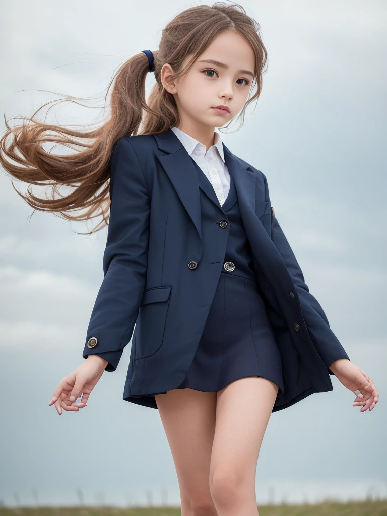 (masterpiece, highest quality:1.4), Award-winning portraits, 8k, 85mm, alone, Beautiful Face, Delicate girl, , (Dark navy blazer jacket, Put your arms behind your back, Close your face:1.2), Dark Navy Skirt, Long sleeve, Sophisticated, cute, , Looking at the audience, 15 yW Photos, Confused, High resolution, Sharp focus, Background blur、(((Flat 、thin and delicate body、Childish atmosphere)))、shiny semi-long hair、ponytail、Mole on the left cheek、 Dark blue eyes、Random Pause、the skirt is swaying in the wind、Hair swaying in the wind、sexy