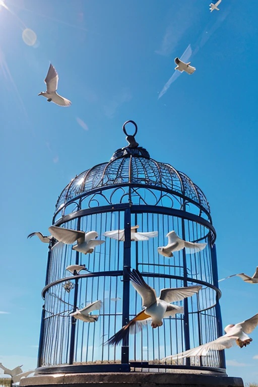 a group of birds are releasing of the cage in blue sky