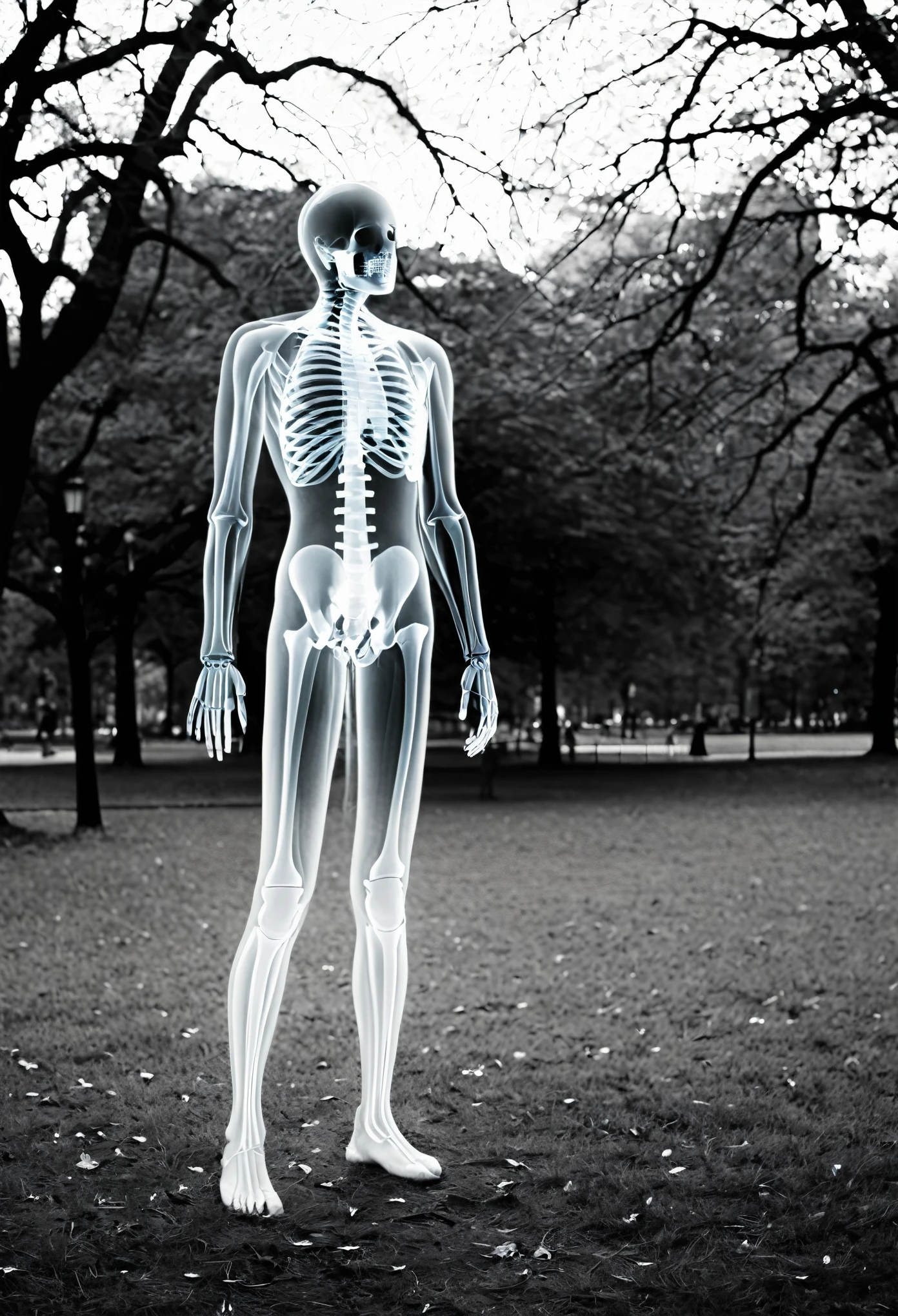 Partial x-ray of an adult person standing in a city park