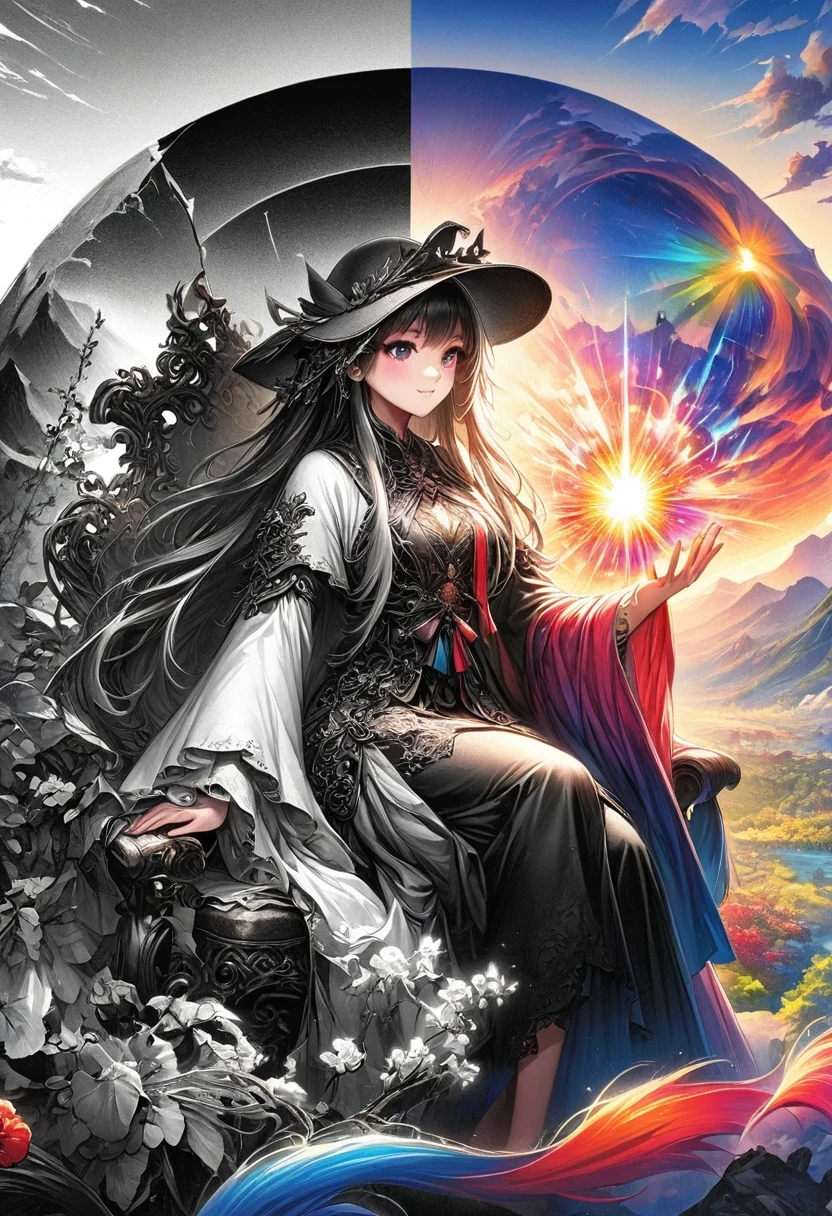 Anime girl sitting in chair，Magic in hand, Alchemy Girl, Light novel cover, official art, Epic Light Novel Cover Art, official artwork, epic Light novel cover, Change, Different world,  Change, Kushat krenz, Kushat, Kushat krenz key art feminine, Shadowverse Style, Moe,The artwork should transition from a pencil drawing style in 黑色的 and white on the left half to vibrant colors on the right half, Ensure seamless integration of the two halves，No dividing line, The scenes on both sides are exactly the same, with the left side featuring detailed 黑色的 and white pencil strokes and the right side filled with colors, Create a fusion