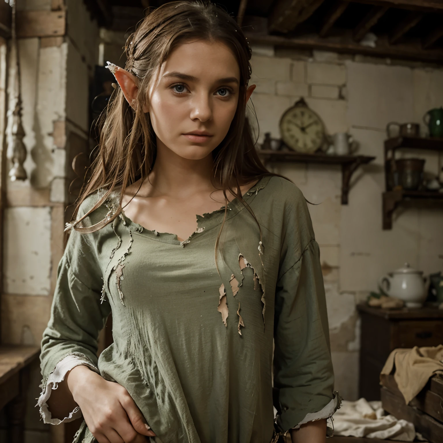 Elf in shabby and torn clothes, low, Middle Ages, upset, beautiful figure,