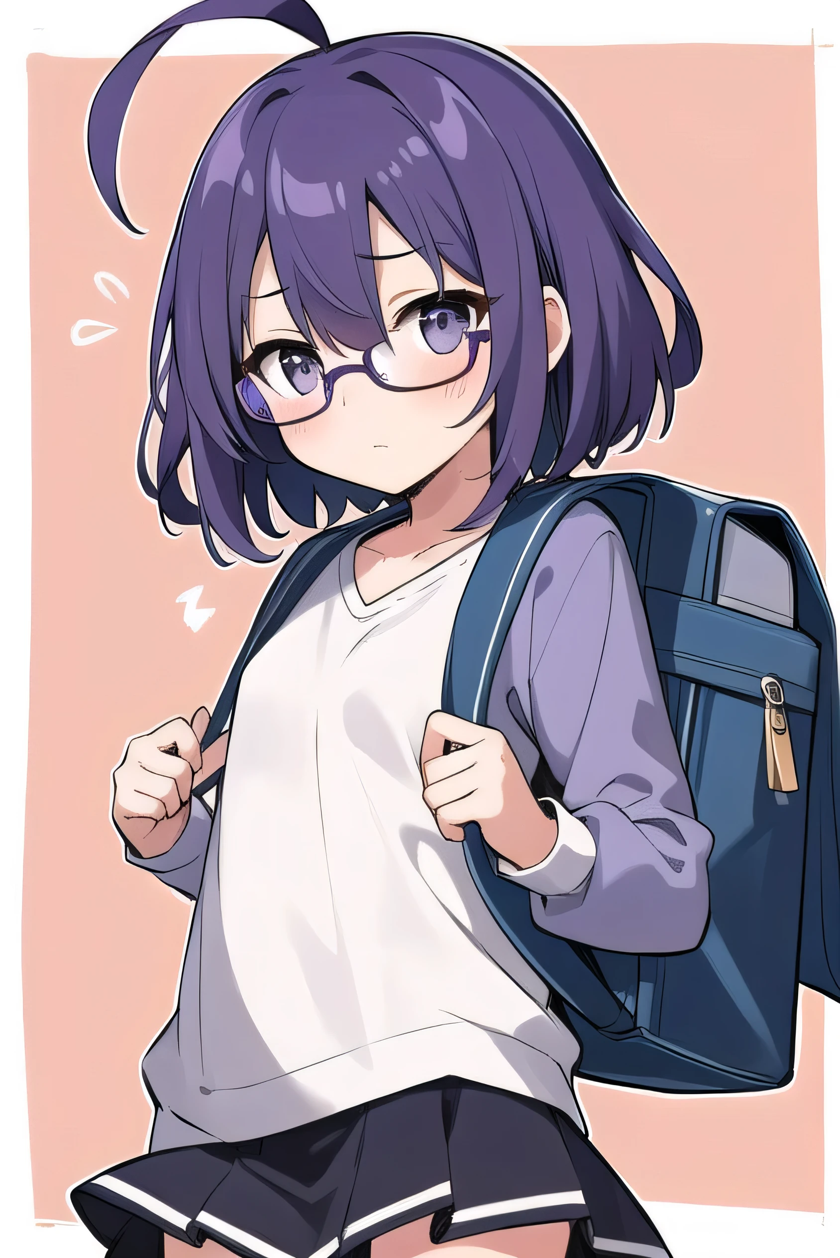 (Purple hair:1.4), gray eyes, white , navy blue miniskirt, , short, short long hair, kind expression, shy, backpack, almost no breasts, slightly exposed. hair,(flipped hair ), flipped hair, long sleeves, ahoge, girl alone, flipped hair, flipped hair, flipped hair, flipped hair, glasses with no edges, embarrassed, flat chest