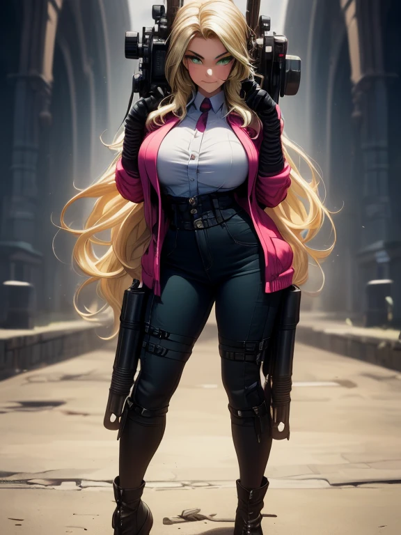 ((wide shot: 1.6)), Unreal Engine: 1.4, CG K ultra-realistic, photorealistic: 1.4, perfectly detailed skin texture: 1.4, ((artwork 1 young woman full body full: 1.5)), ((blonde hair, green eyes, full body lips and a sensual smile:1.5)), punk style hairstyle with shaved side:1.3, tattoos, Gatling gun, box, looking at viewer, pose dynamic and sensual, beating, ammunition belt, gloves, big breasts, shooting, Extremely detailed: 1.4, more detailed, optical mix, fun patterns, animated texture, unique visual effect, pink leather miniskirt:1.3, pink jacket:1.3, masterpiece, in the background an abandoned place with junk, ((colors, cyan, green, pink, brown: 1.2 )), ((8k realistic digital art)), 32k